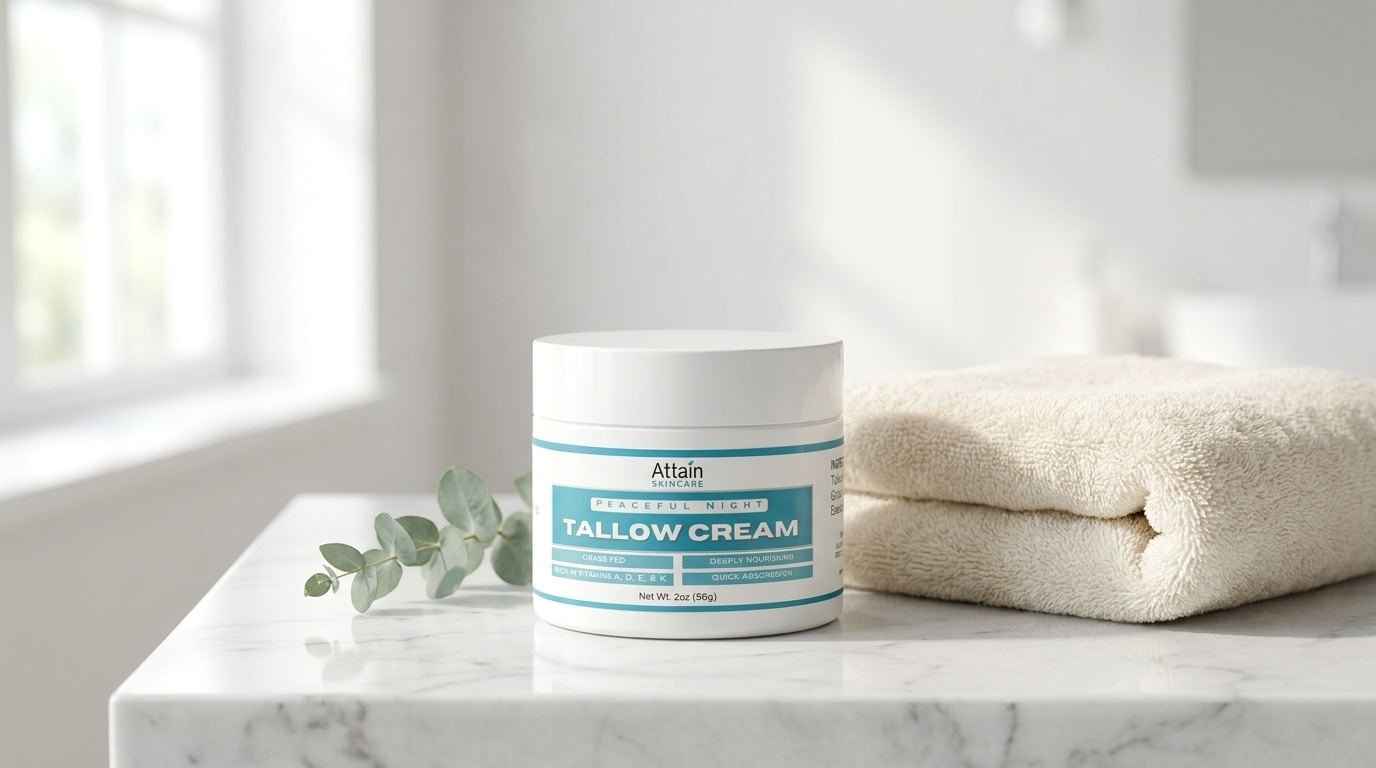 Attain Tallow Cream jar on a marble bathroom vanity with a folded towel and greenery in soft morning light