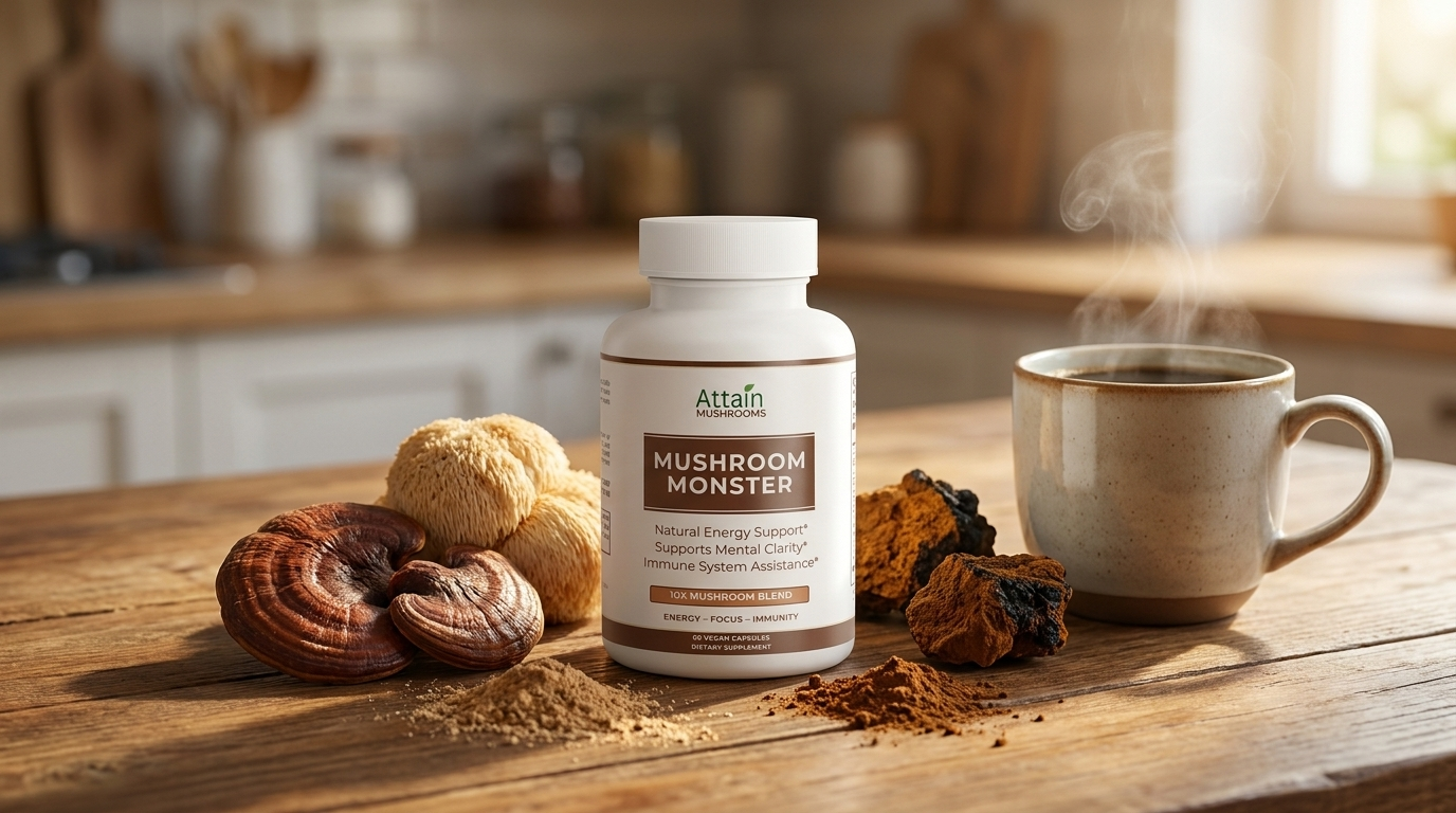 Mushroom Monster 10X functional mushroom blend supplement by Attain on a wooden table with whole mushrooms
