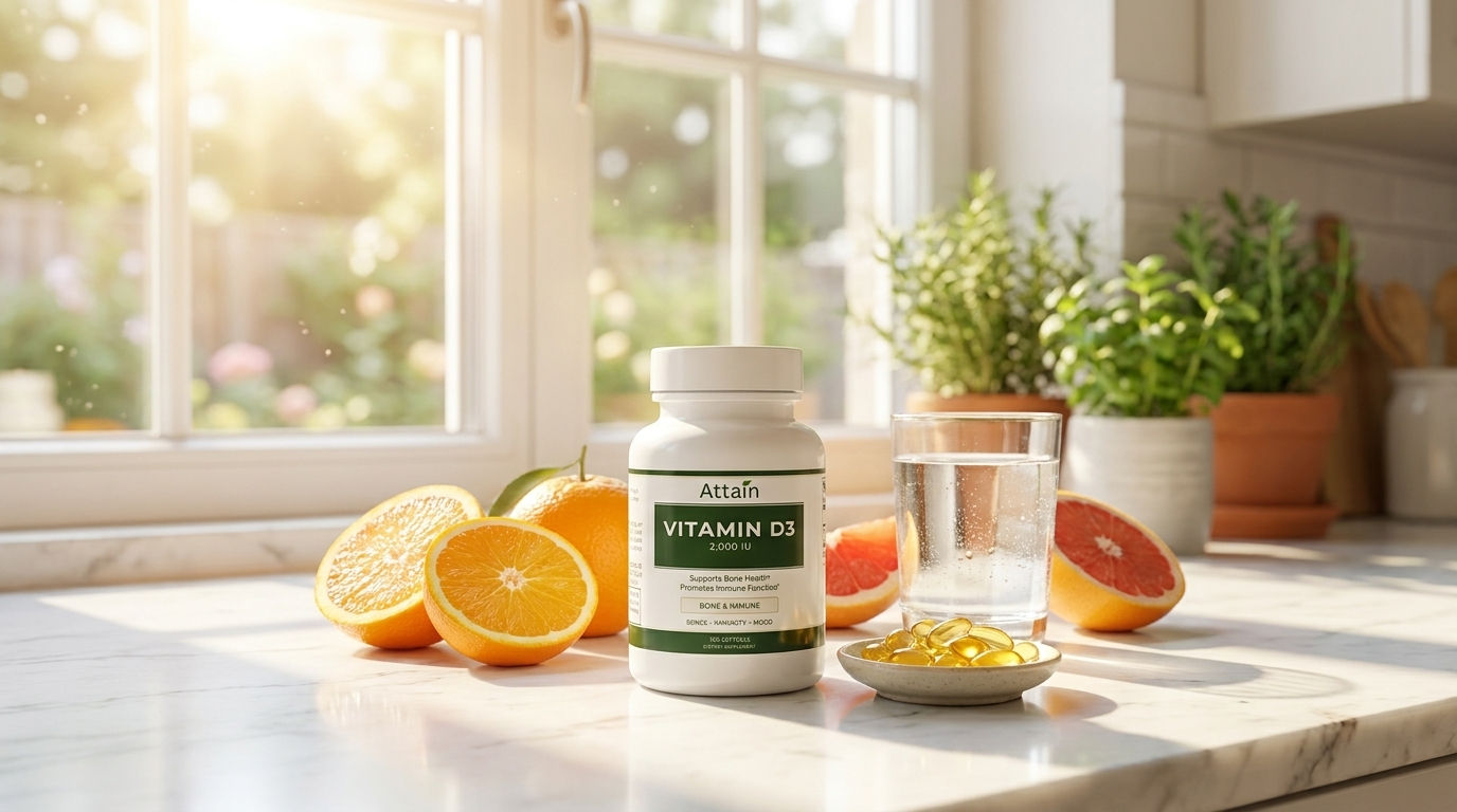 Attain Vitamin D3 Capsules 2,000 IU bottle on a sunlit kitchen counter beside citrus and water, supporting bone and immune health
