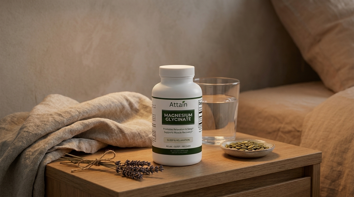 Attain Magnesium Glycinate Capsules on a calm bedside nightstand