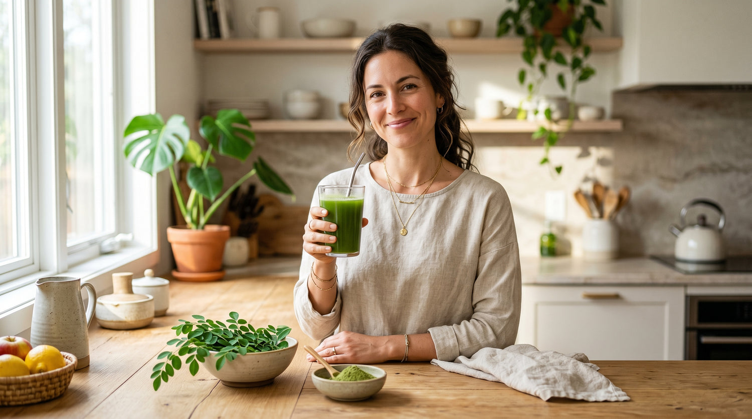 Fresh moringa oleifera leaves and a glass of green moringa drink in a bright kitchen — whole-food plant nutrition