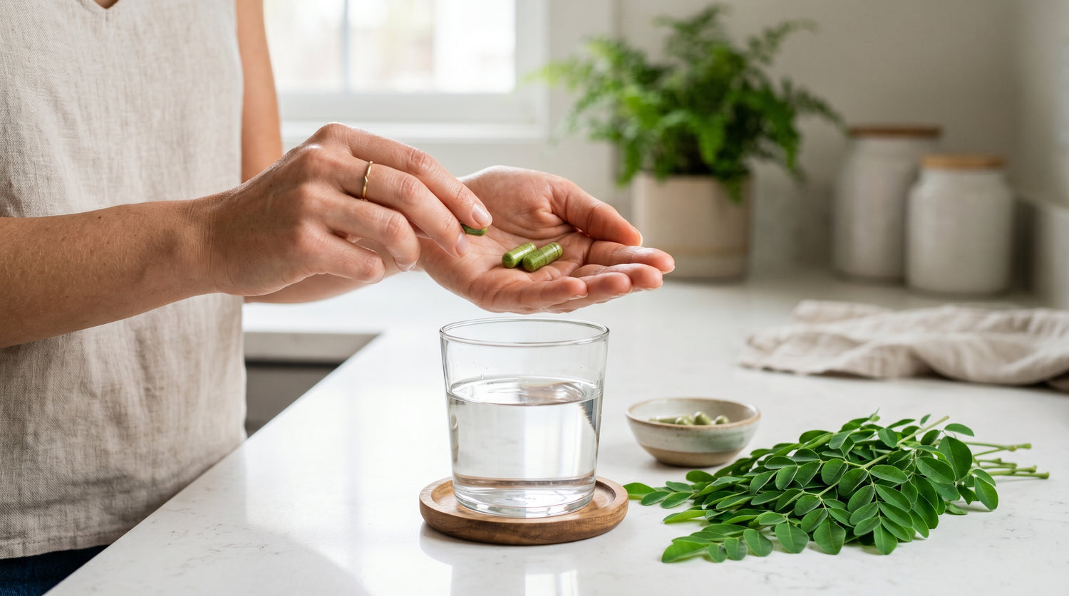 Hands holding two green moringa capsules over a glass of water with fresh moringa leaves