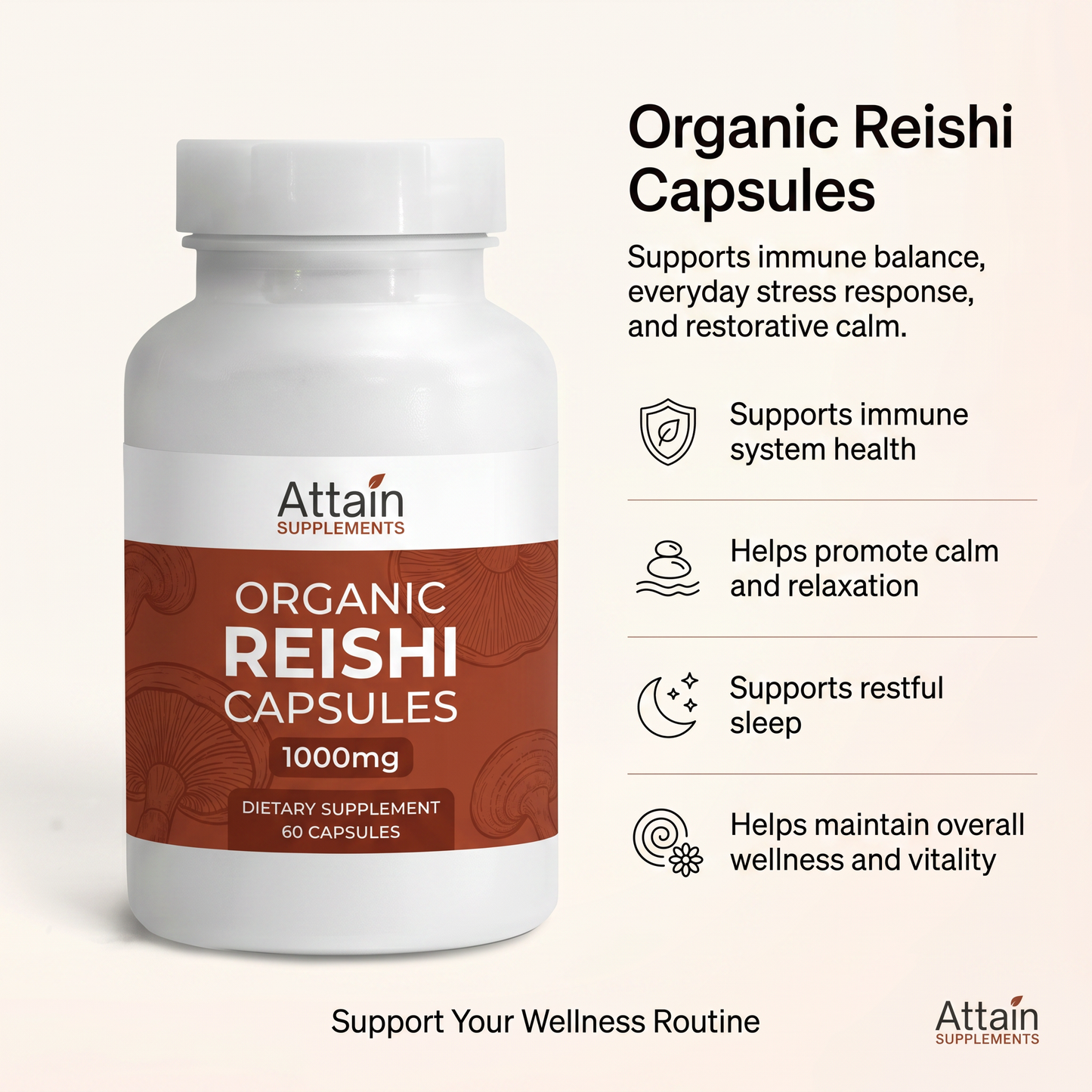 Attain Organic Reishi capsules made in the USA