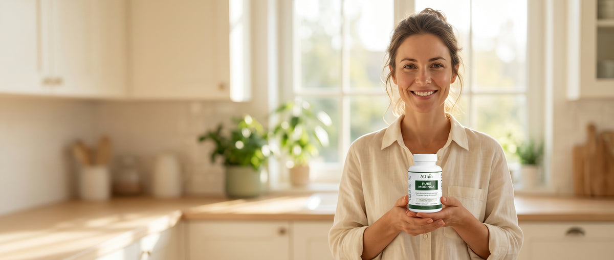 Smiling woman in a bright kitchen holding a bottle of Attain Pure Moringa capsules