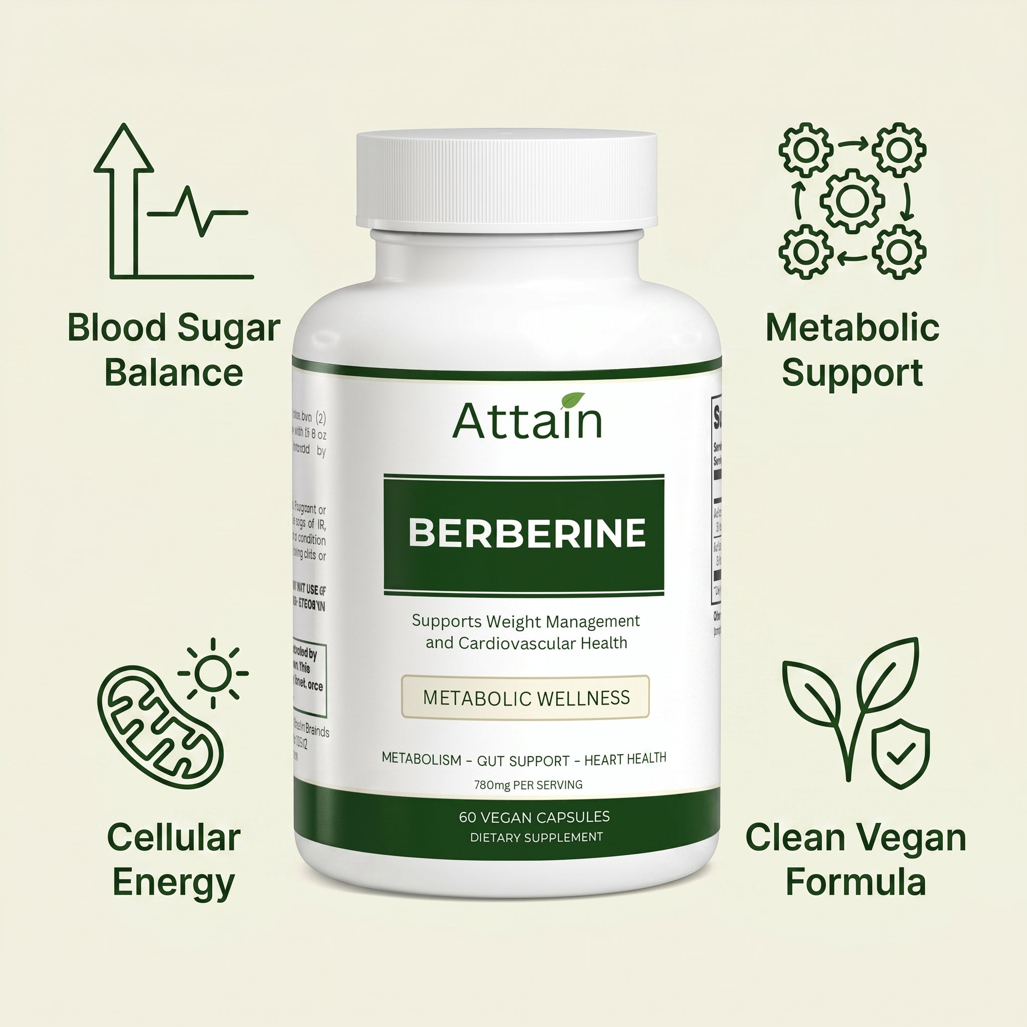 Attain Berberine Capsules key benefits: blood sugar, metabolic support, cellular energy, clean vegan formula | Attain Supplements