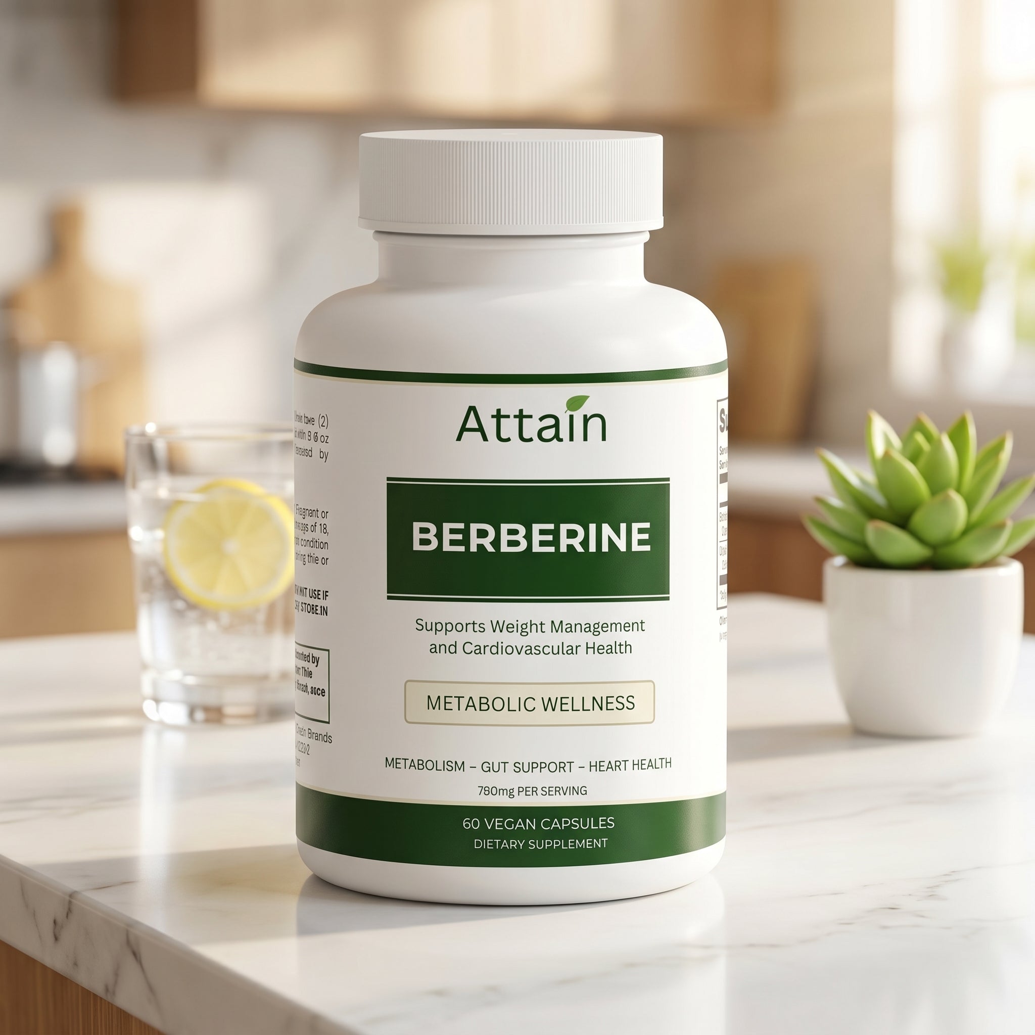 Attain Berberine Capsules front on kitchen counter with water | Attain Supplements