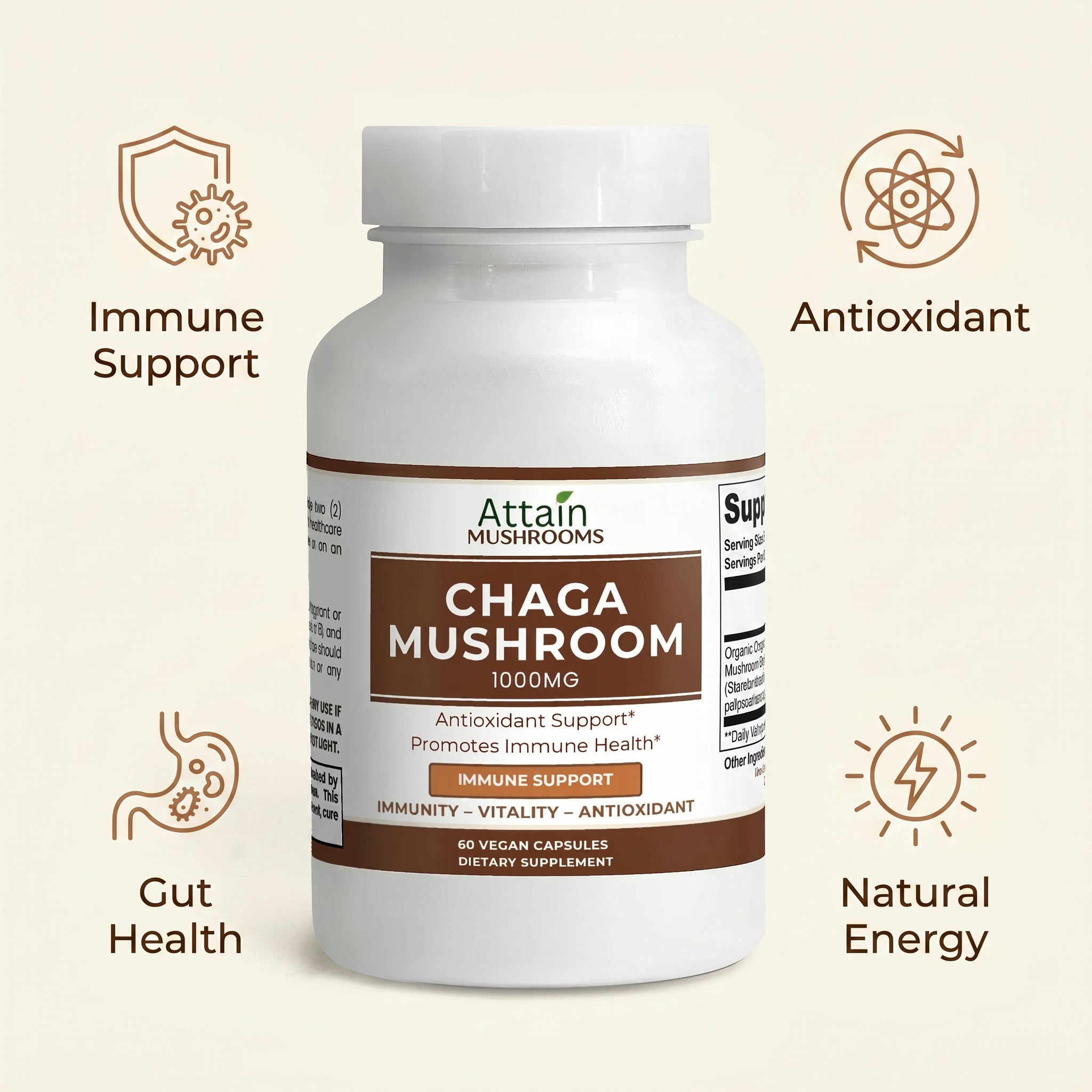 Attain Chaga Mushroom benefits: immune support, antioxidant, gut health, natural energy | Attain Supplements