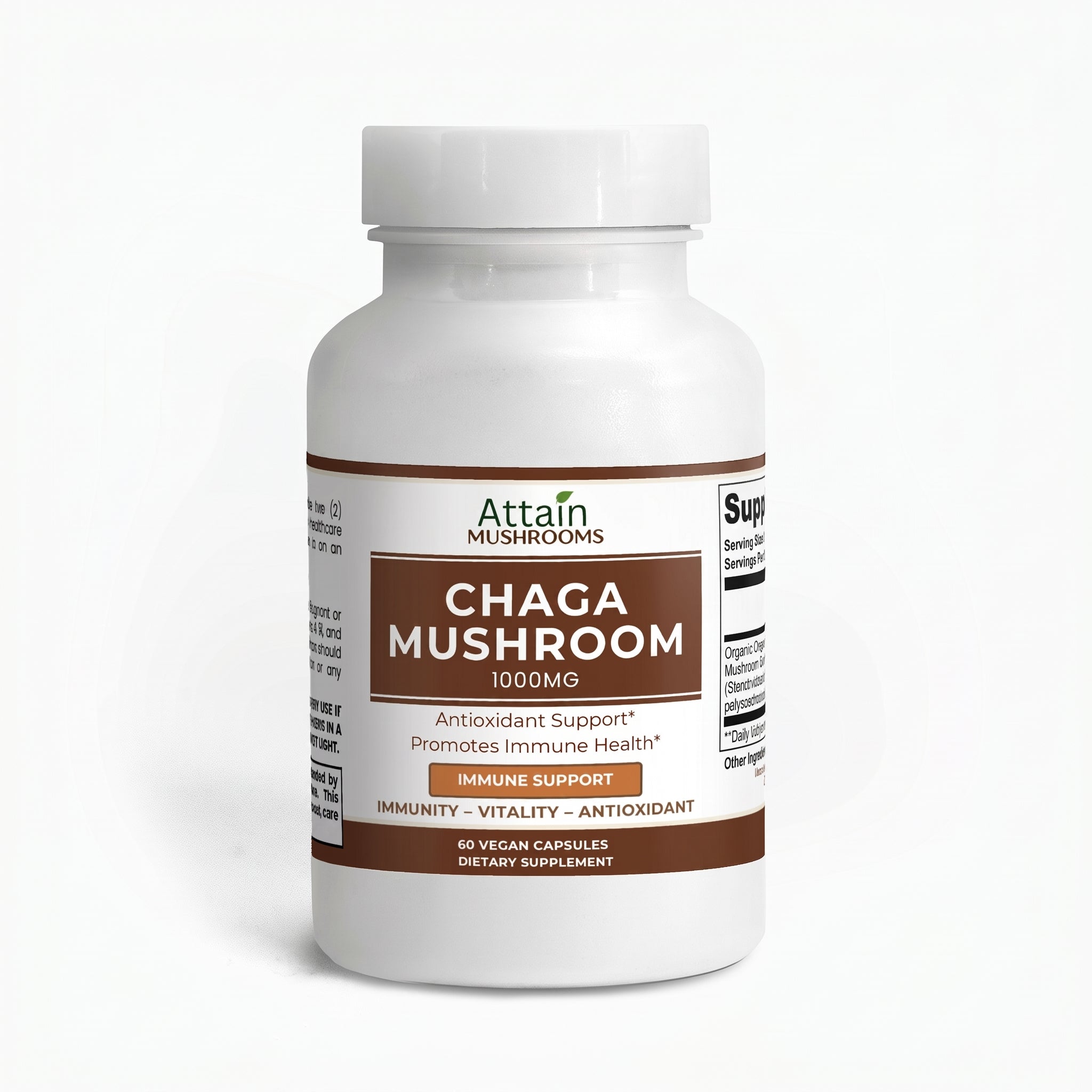 Attain Chaga Mushroom capsules bottle front on white | Attain Supplements