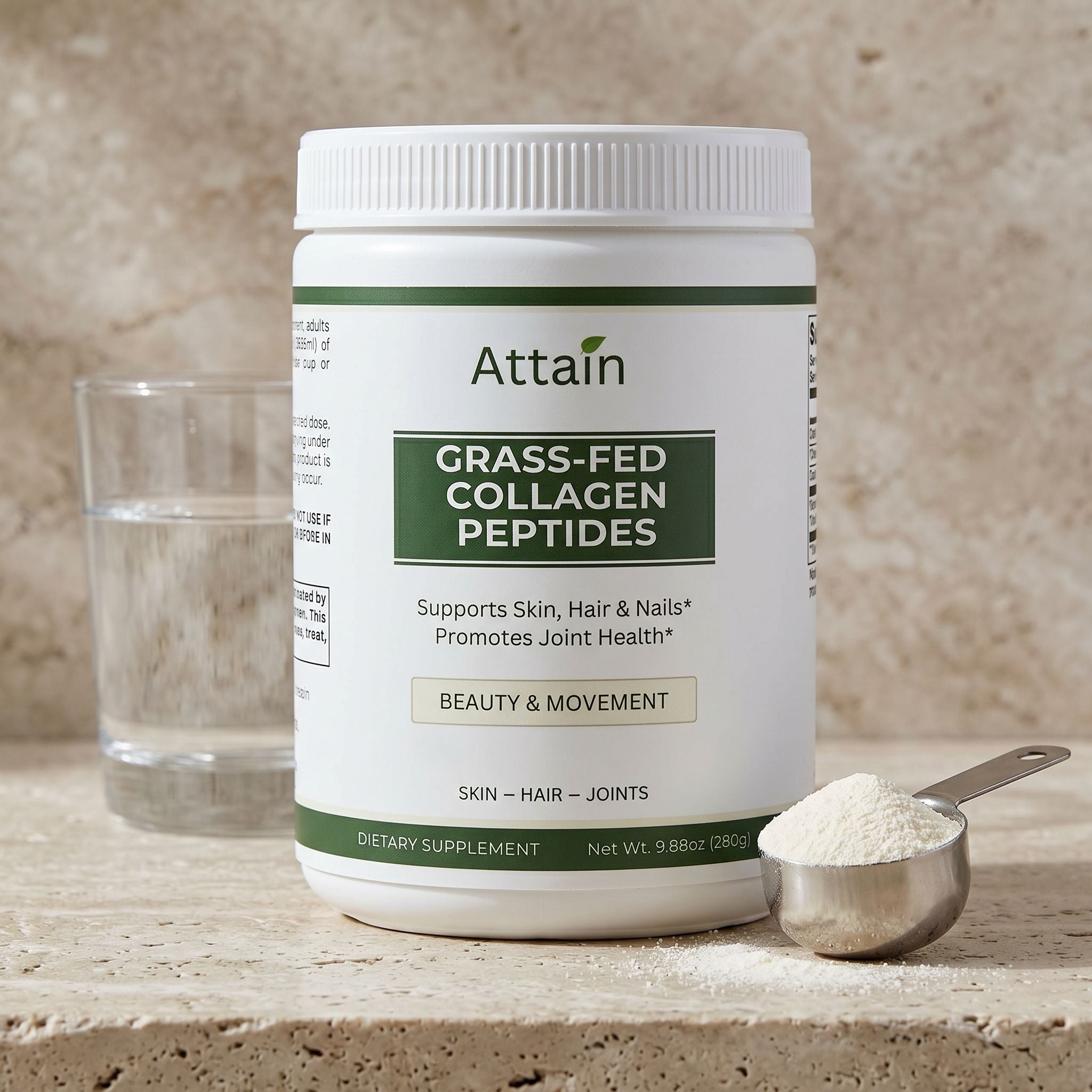Attain Grass-Fed Collagen Peptides powder and scoop beside the tub | Attain Supplements