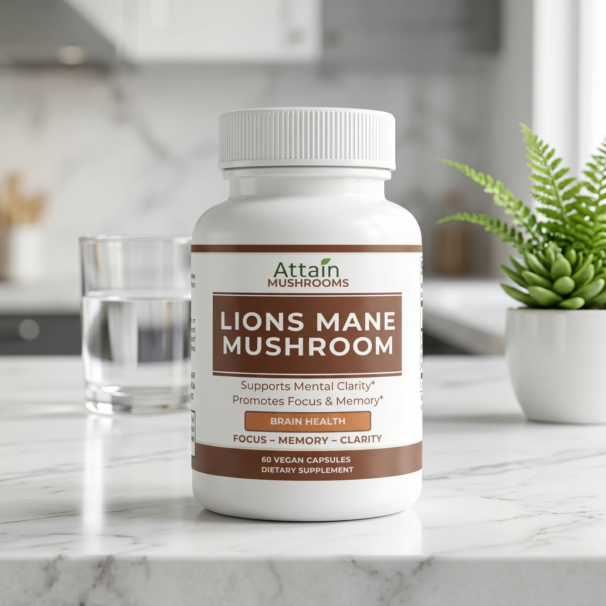 Attain Lion's Mane Mushroom capsules on a bright kitchen counter | Attain Supplements