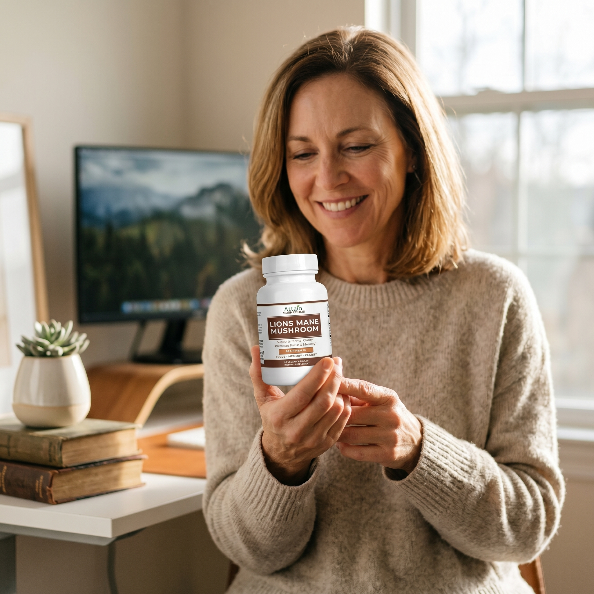 Person holding Attain Lion's Mane Mushroom capsules at a home desk | Attain Supplements