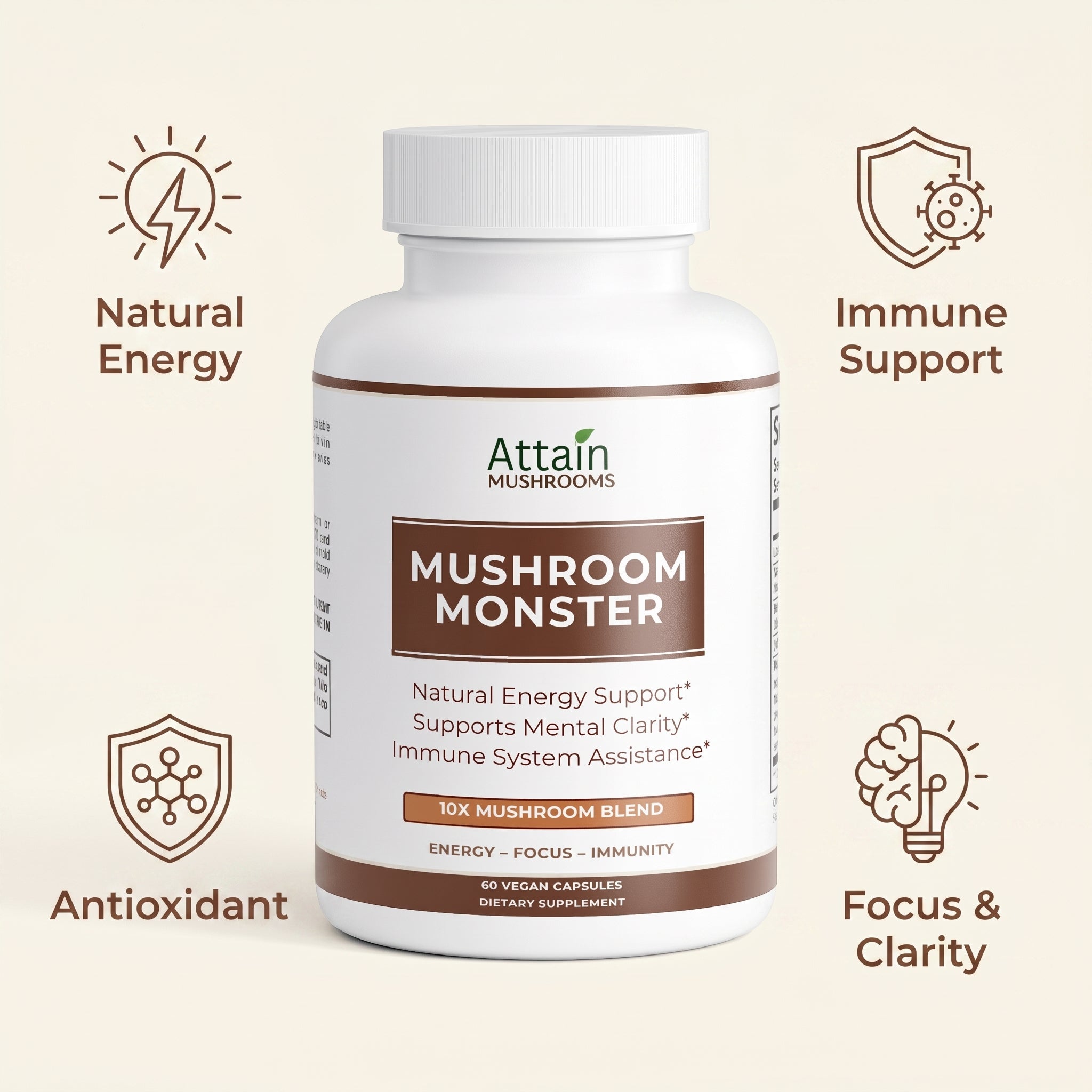 Attain Mushroom Monster 10X benefits: immune support, natural energy, focus and clarity, antioxidant | Attain Supplements
