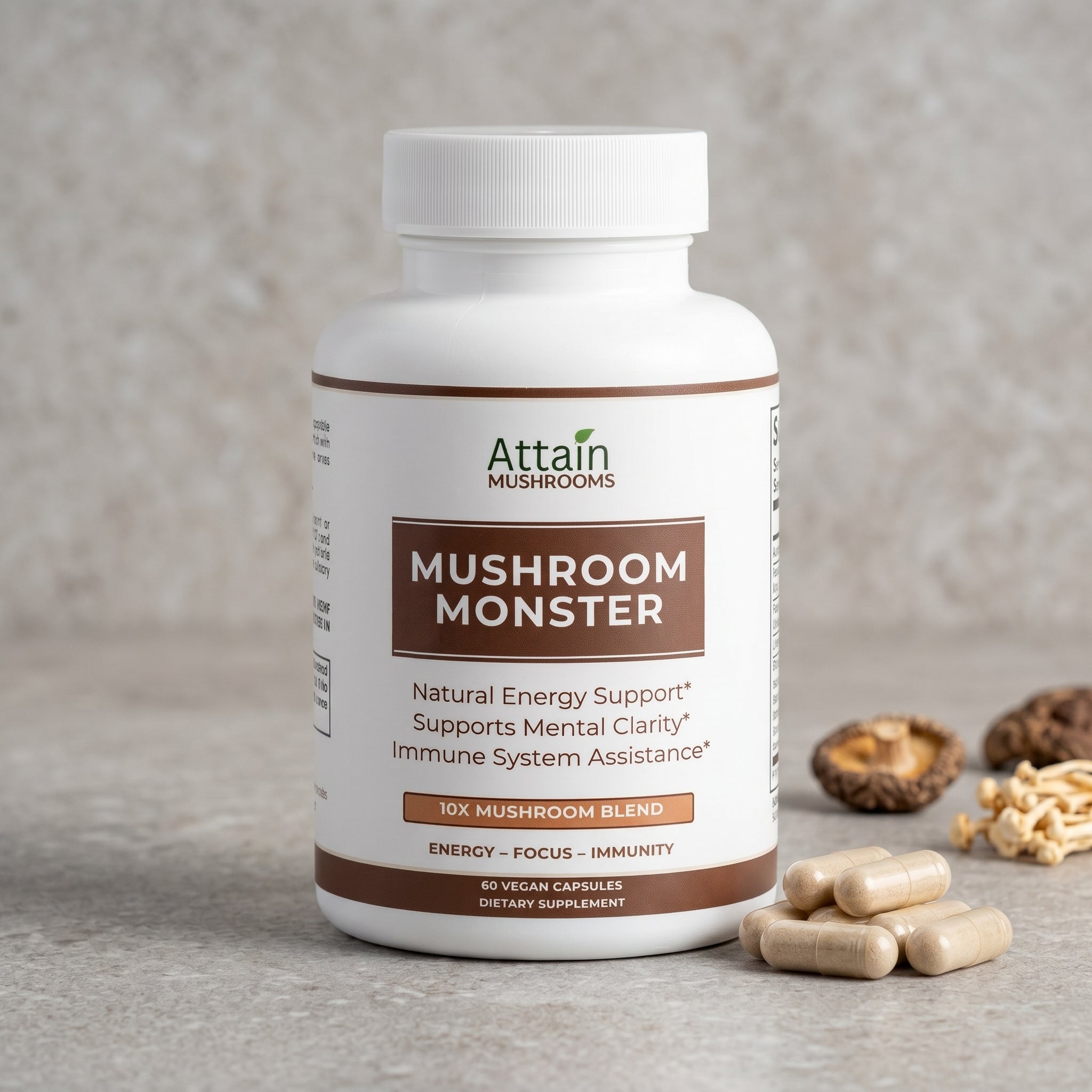 Attain Mushroom Monster 10X vegan capsules with dried mushrooms | Attain Supplements