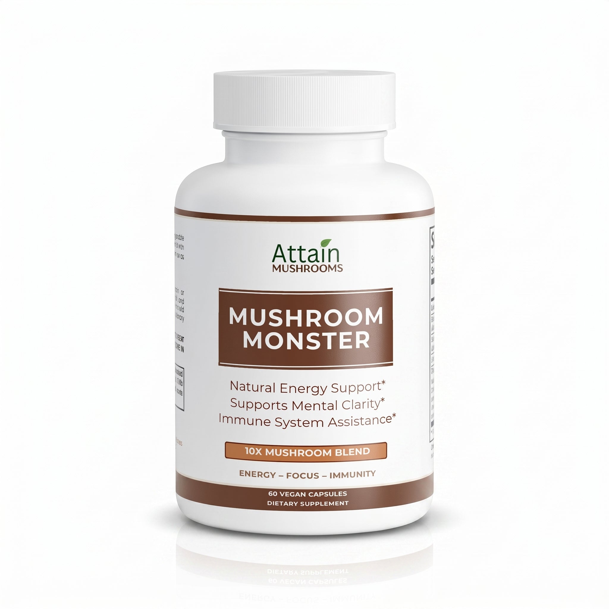 Attain Mushroom Monster 10X capsules bottle front on white | Attain Supplements