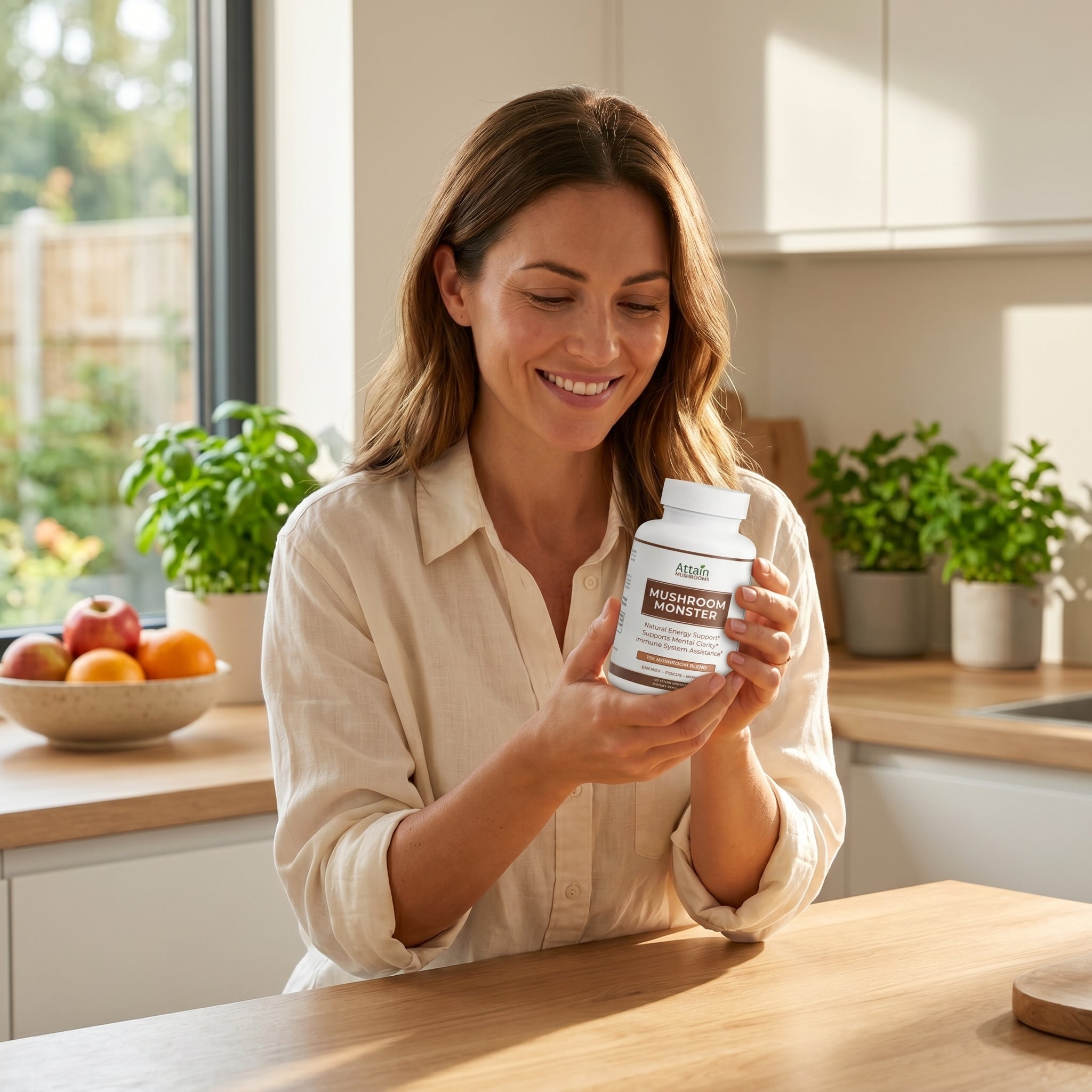 Person holding Attain Mushroom Monster 10X capsules in a kitchen | Attain Supplements
