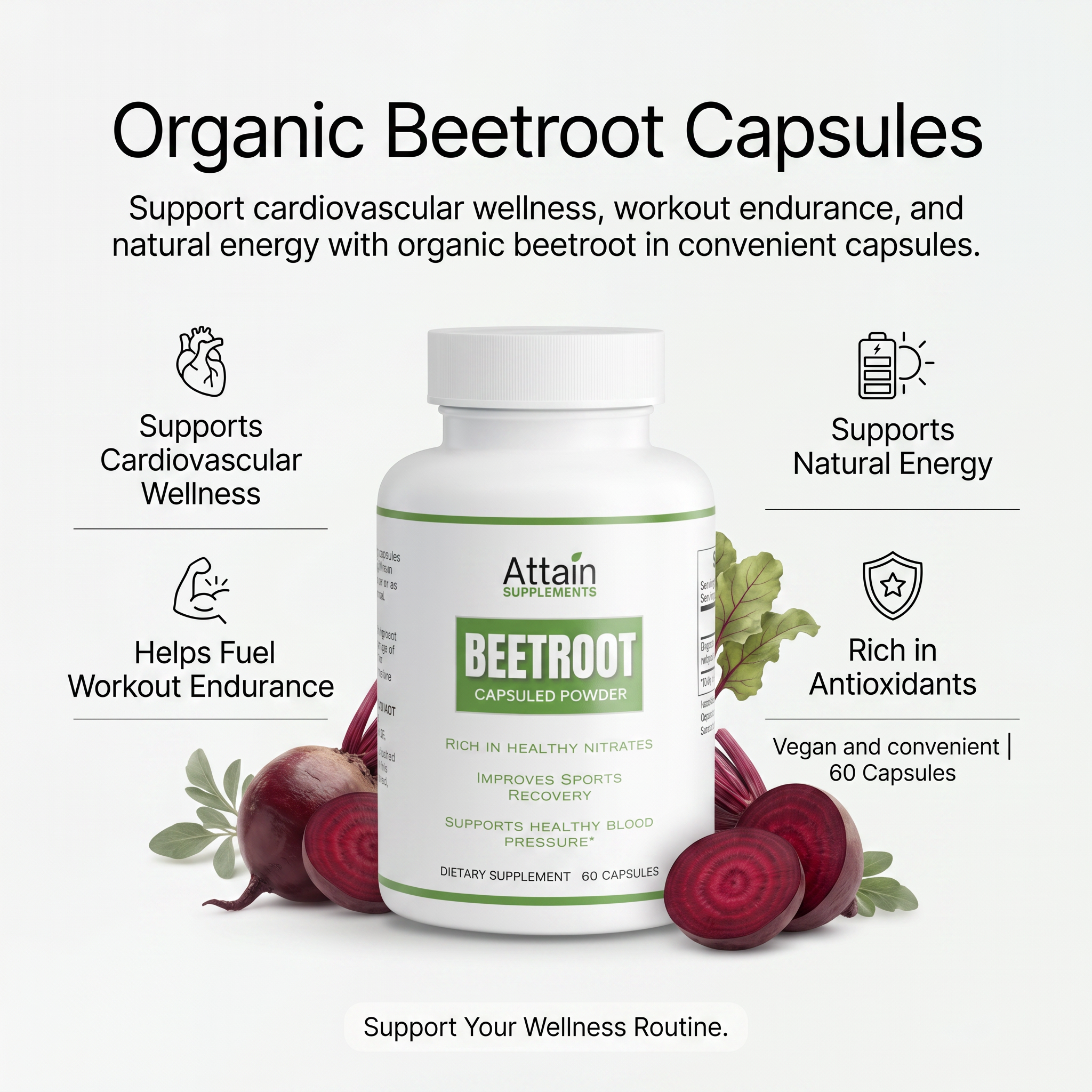 Attain Organic Beetroot capsules made in the USA