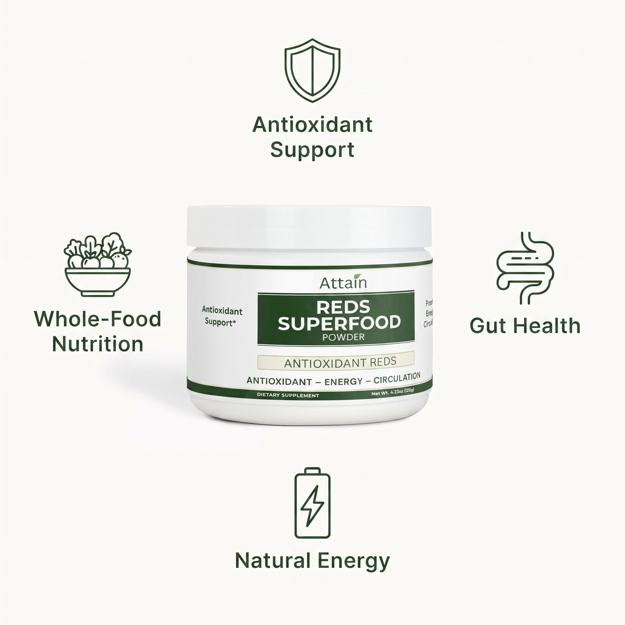 Attain Reds Superfood Powder benefits: antioxidant support, gut health, natural energy, whole-food nutrition | Attain Supplements