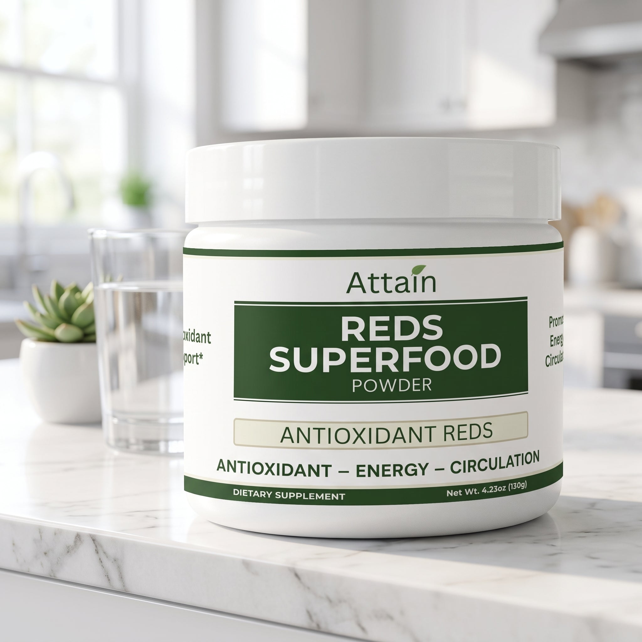 Attain Reds Superfood Powder on a bright kitchen counter | Attain Supplements