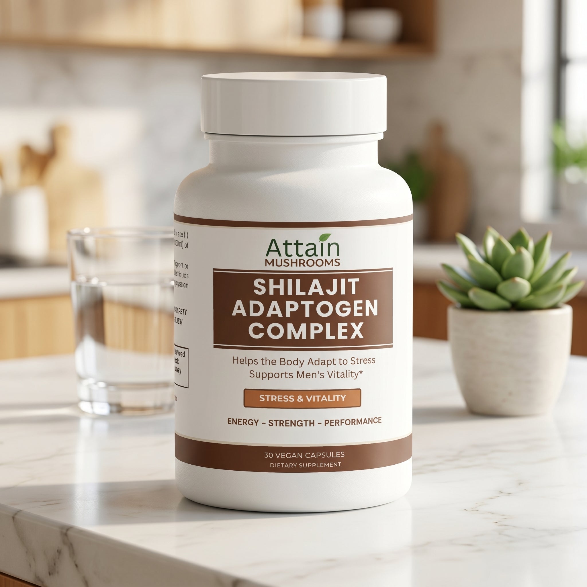Attain Shilajit Adaptogen Complex on a bright kitchen counter | Attain Supplements