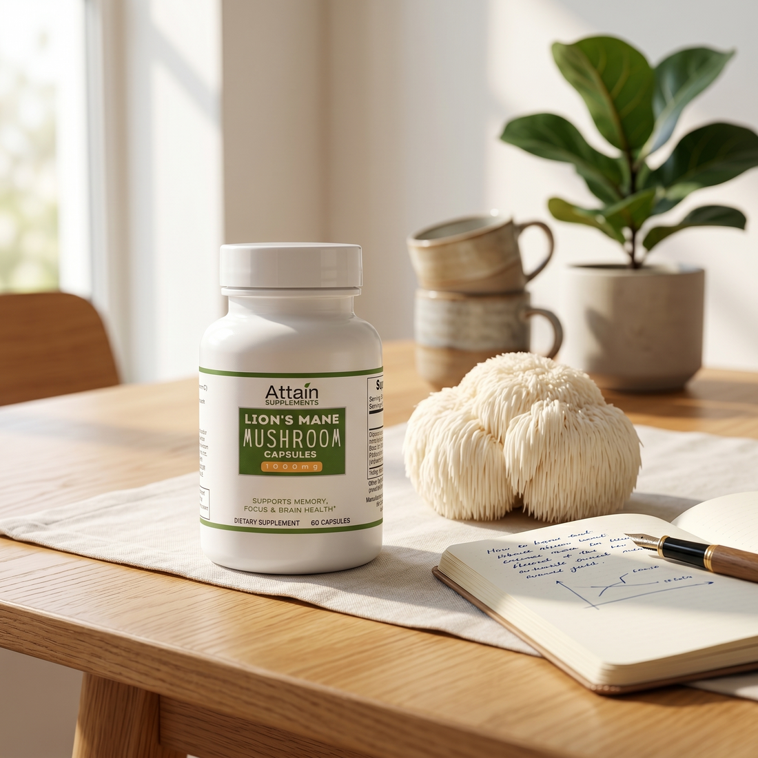 Attain Organic Lion's Mane Mushroom Capsules 1000mg bottle on a bright desk beside a fresh Lion's Mane mushroom