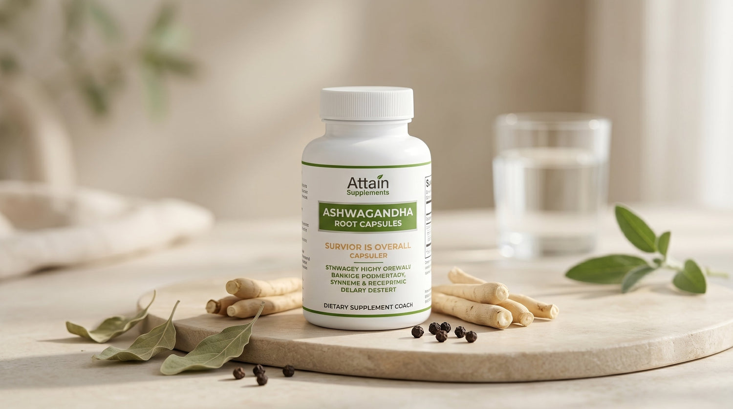 Attain Supplements Organic Ashwagandha Root Capsules with Black Pepper bottle surrounded by ashwagandha root and peppercorns