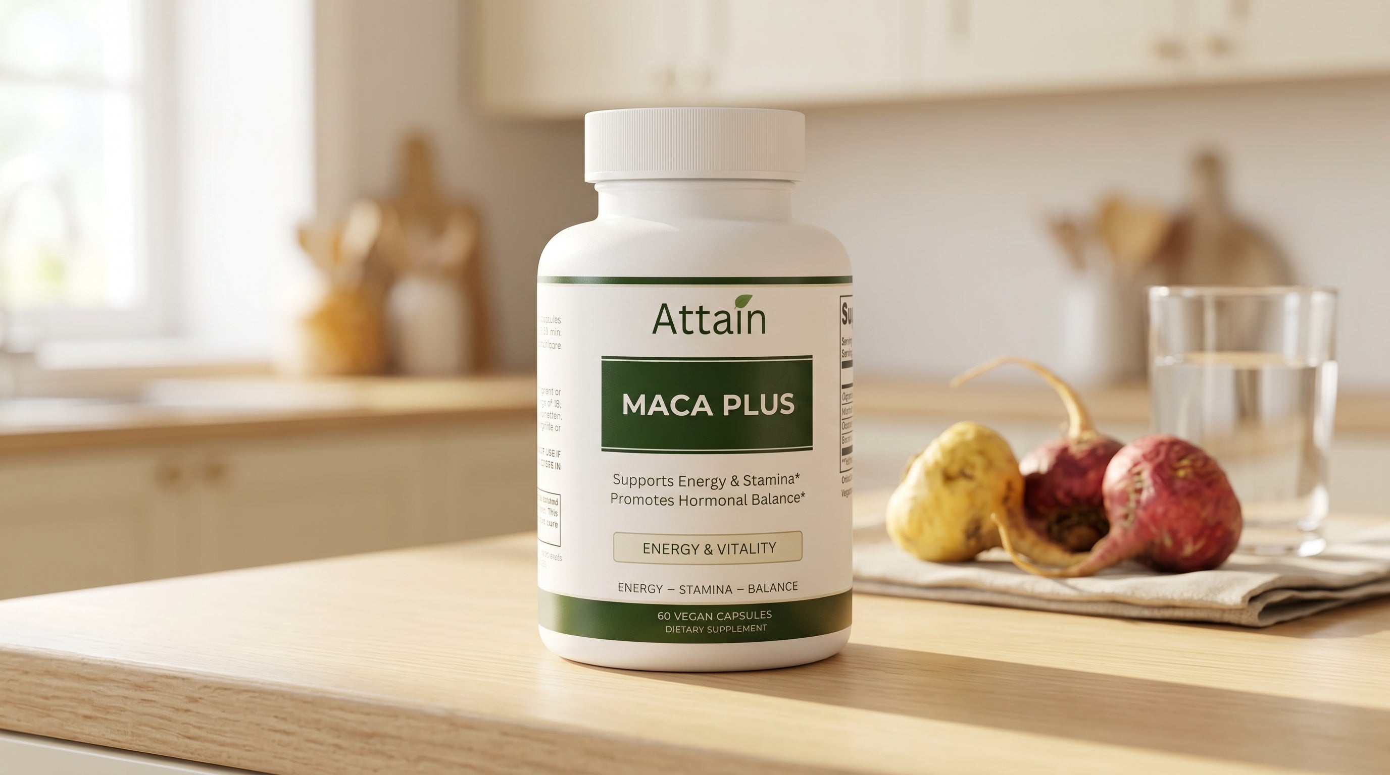 Attain Maca Plus Capsules bottle on a bright kitchen counter with fresh maca root
