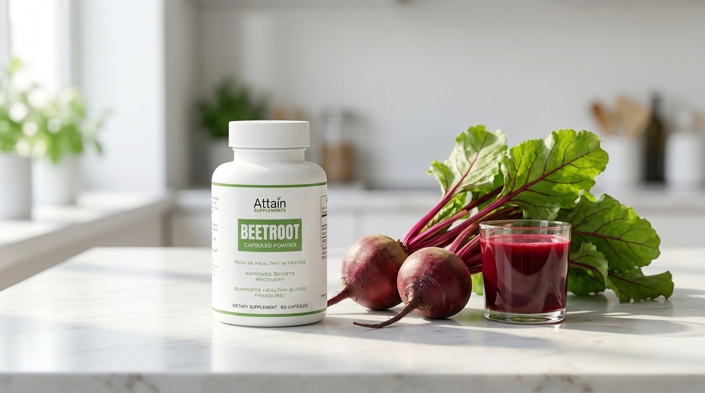 Organic Beetroot Capsules by Attain Supplements on a marble counter with fresh beetroots and beetroot juice