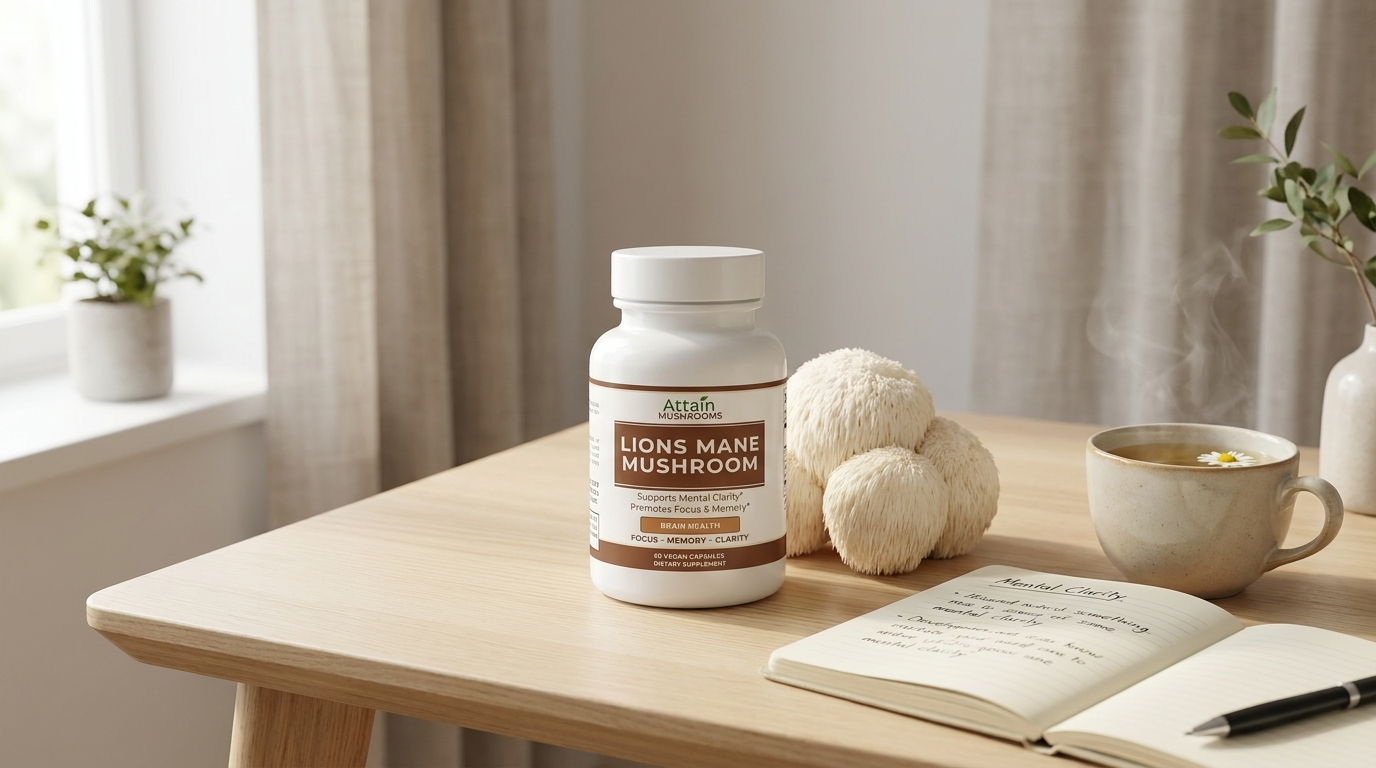Attain Organic Lion's Mane Mushroom Capsules 1000mg bottle on a light wood desk beside a fresh Lion's Mane mushroom, notebook and tea