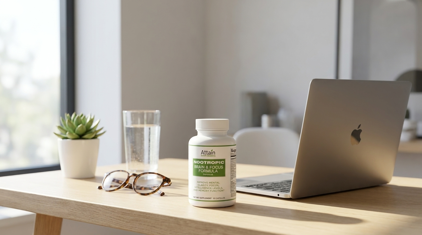 Attain Nootropic Brain & Focus Formula bottle on a bright desk beside a laptop, eyeglasses and water, supporting focus and mental clarity