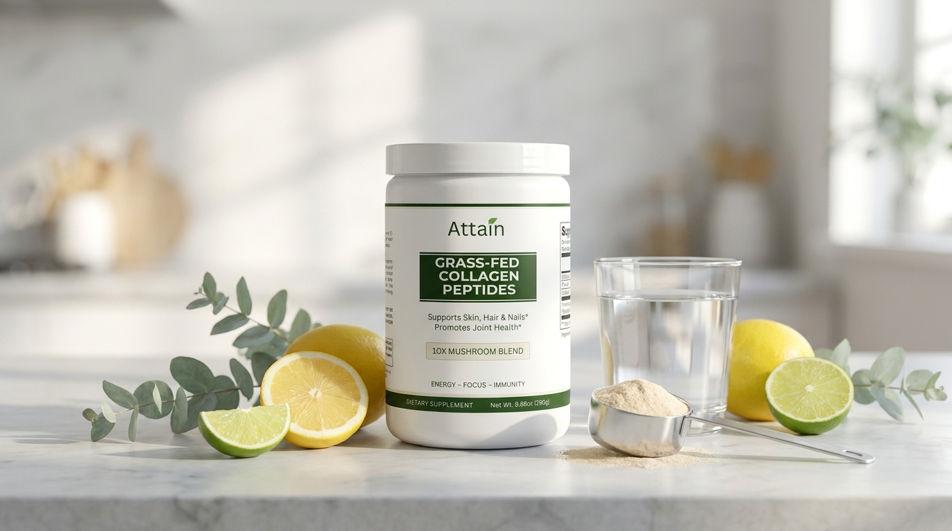 Attain Grass-Fed Hydrolyzed Collagen Peptides bottle with collagen powder and citrus on a marble surface
