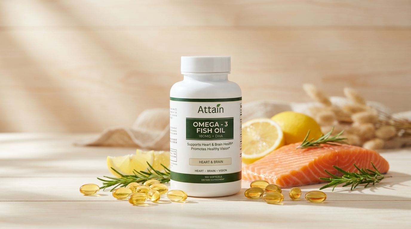 Attain Omega-3 EPA DHA fish oil bottle with golden softgels, salmon and lemon