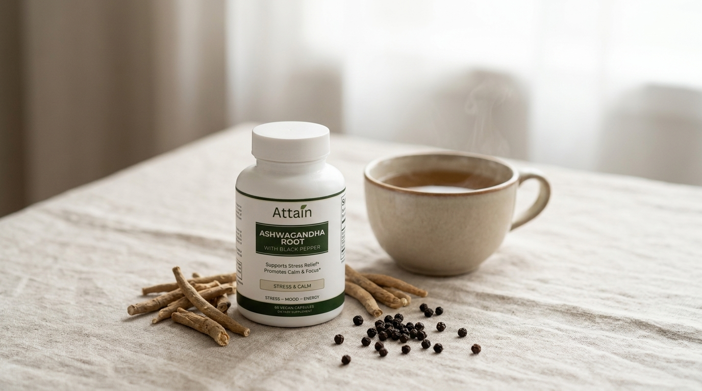 Attain Organic Ashwagandha Root Capsules with Black Pepper bottle with ashwagandha root and peppercorns