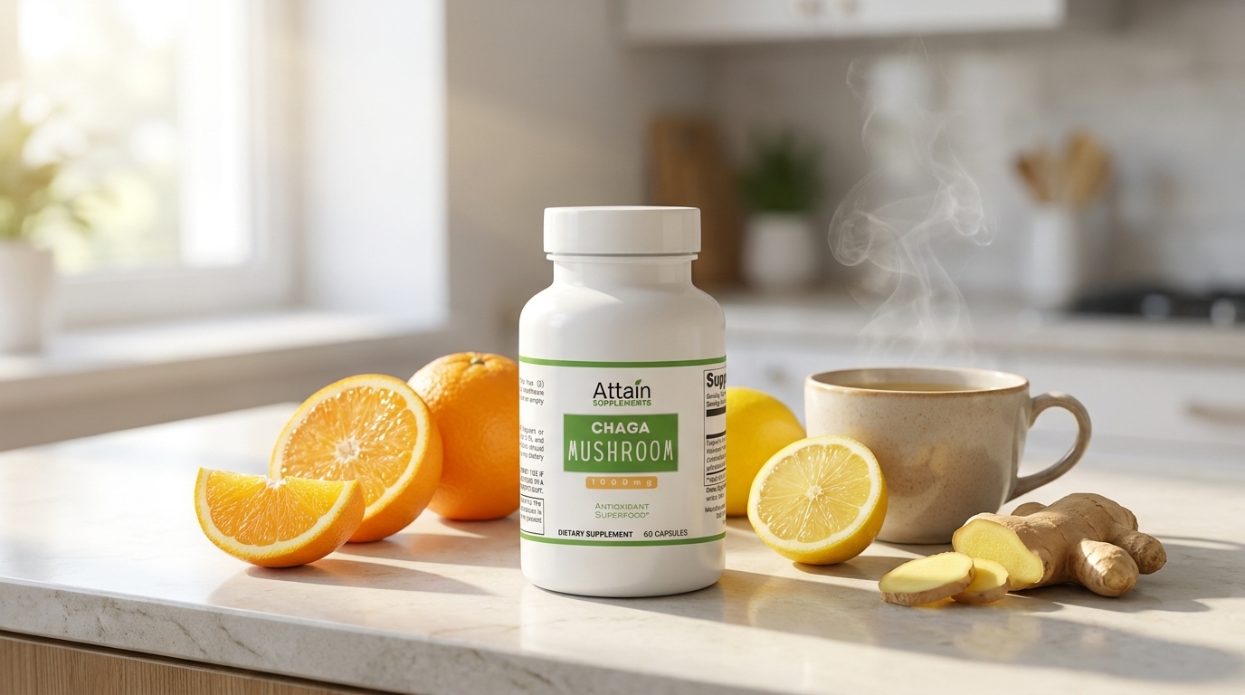 Attain Organic Chaga Mushroom Capsules with citrus and ginger for immune support