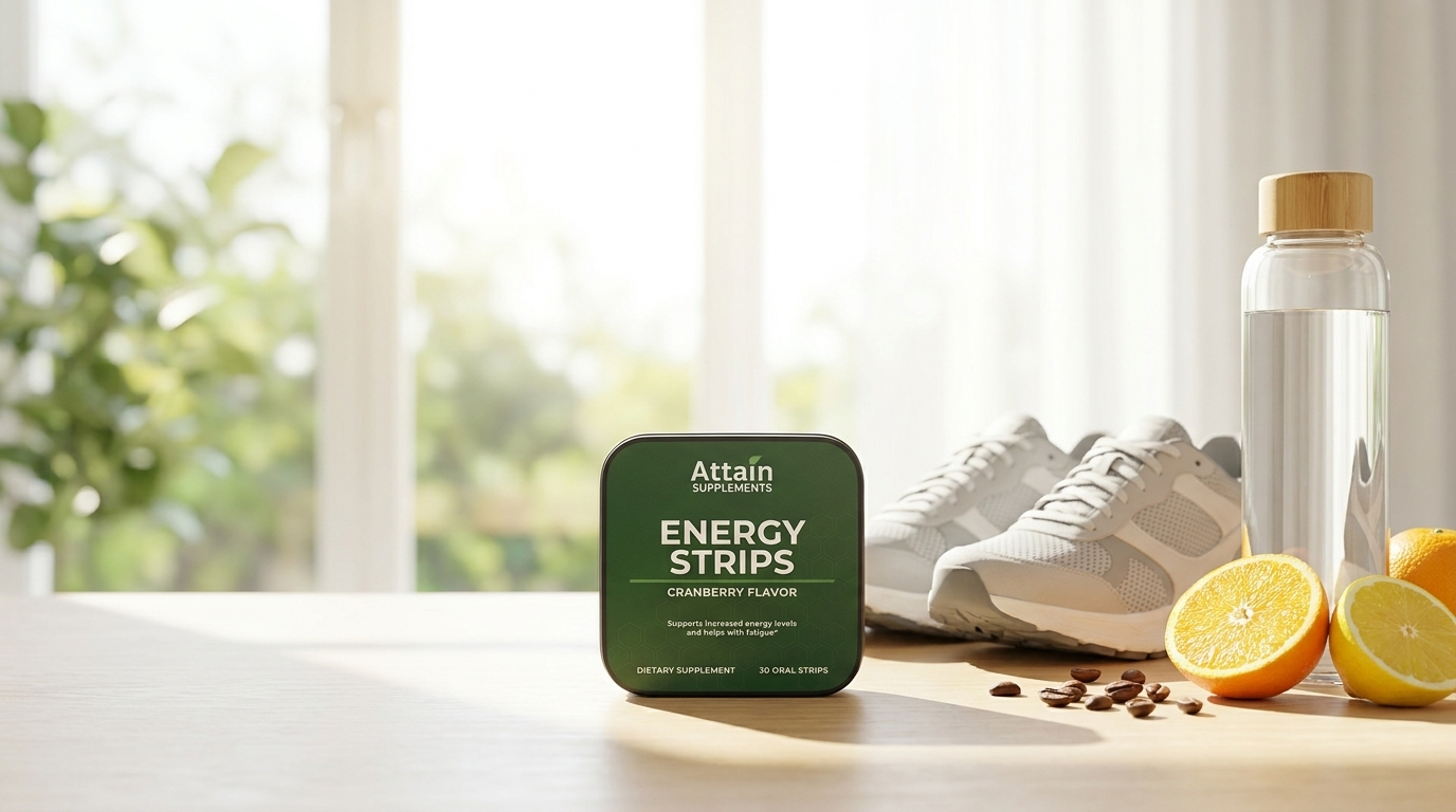 Attain Energy Support Strips on a sunlit desk with running shoes and citrus