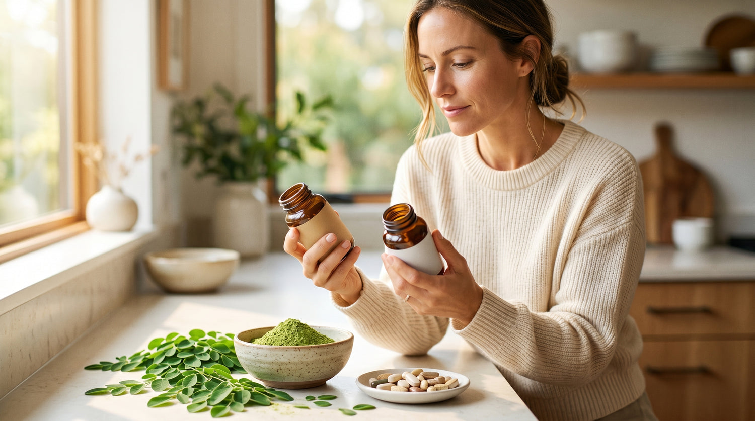 Comparing moringa capsules and powder with multivitamin tablets on a bright kitchen counter