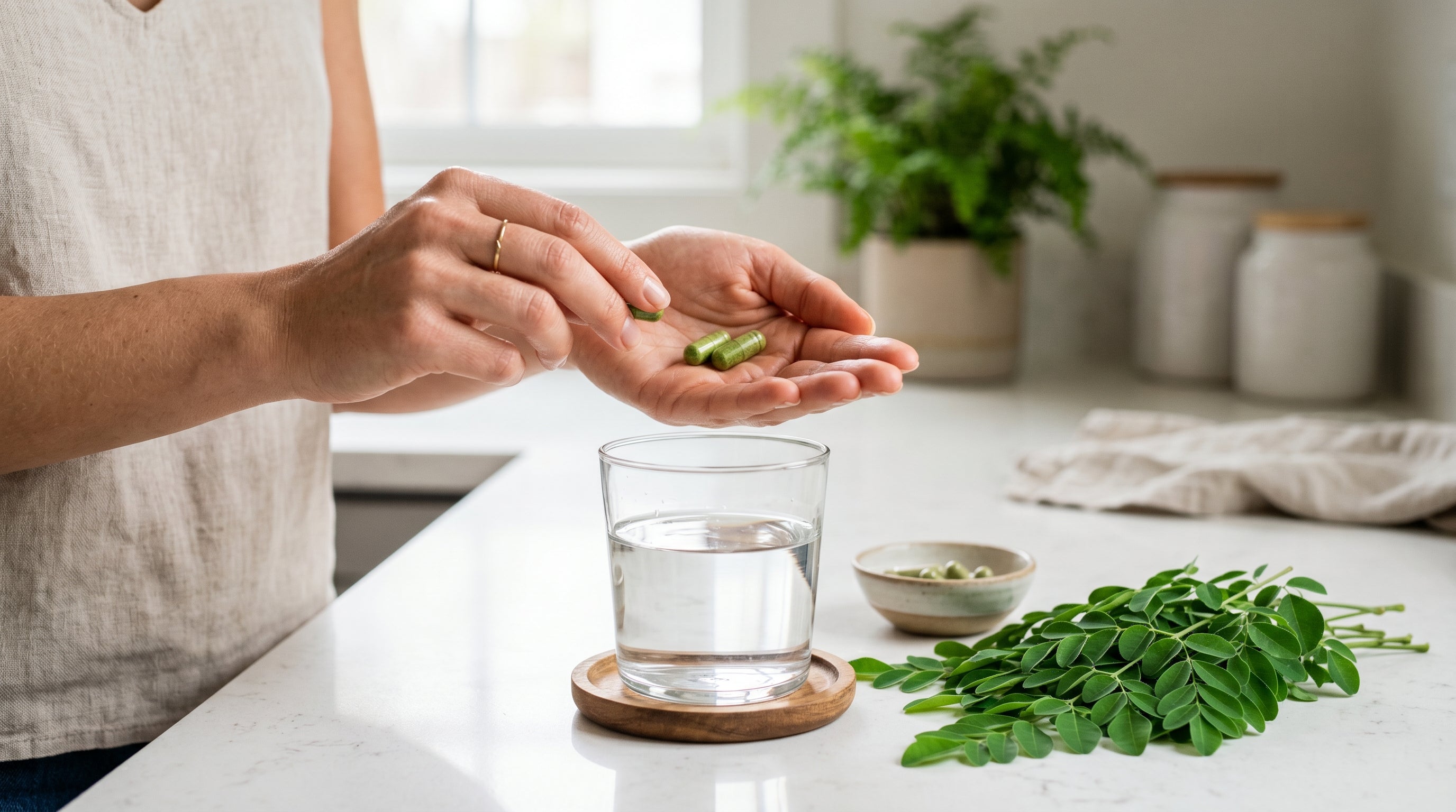 Hands holding two green moringa capsules over a glass of water with fresh moringa leaves