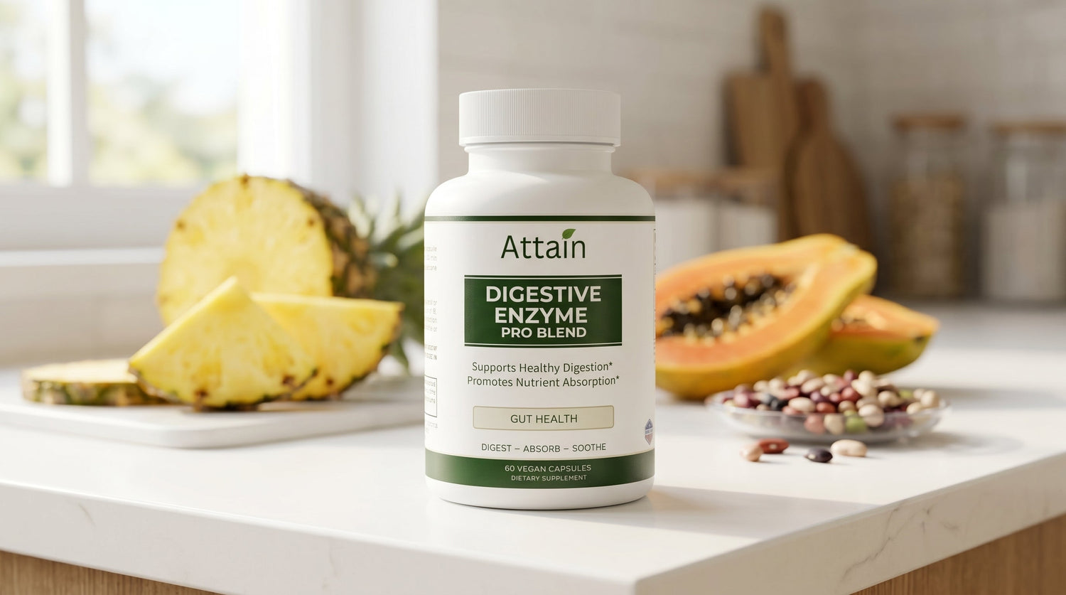 Attain Digestive Enzyme Pro Blend with Probiotics bottle on a bright kitchen counter