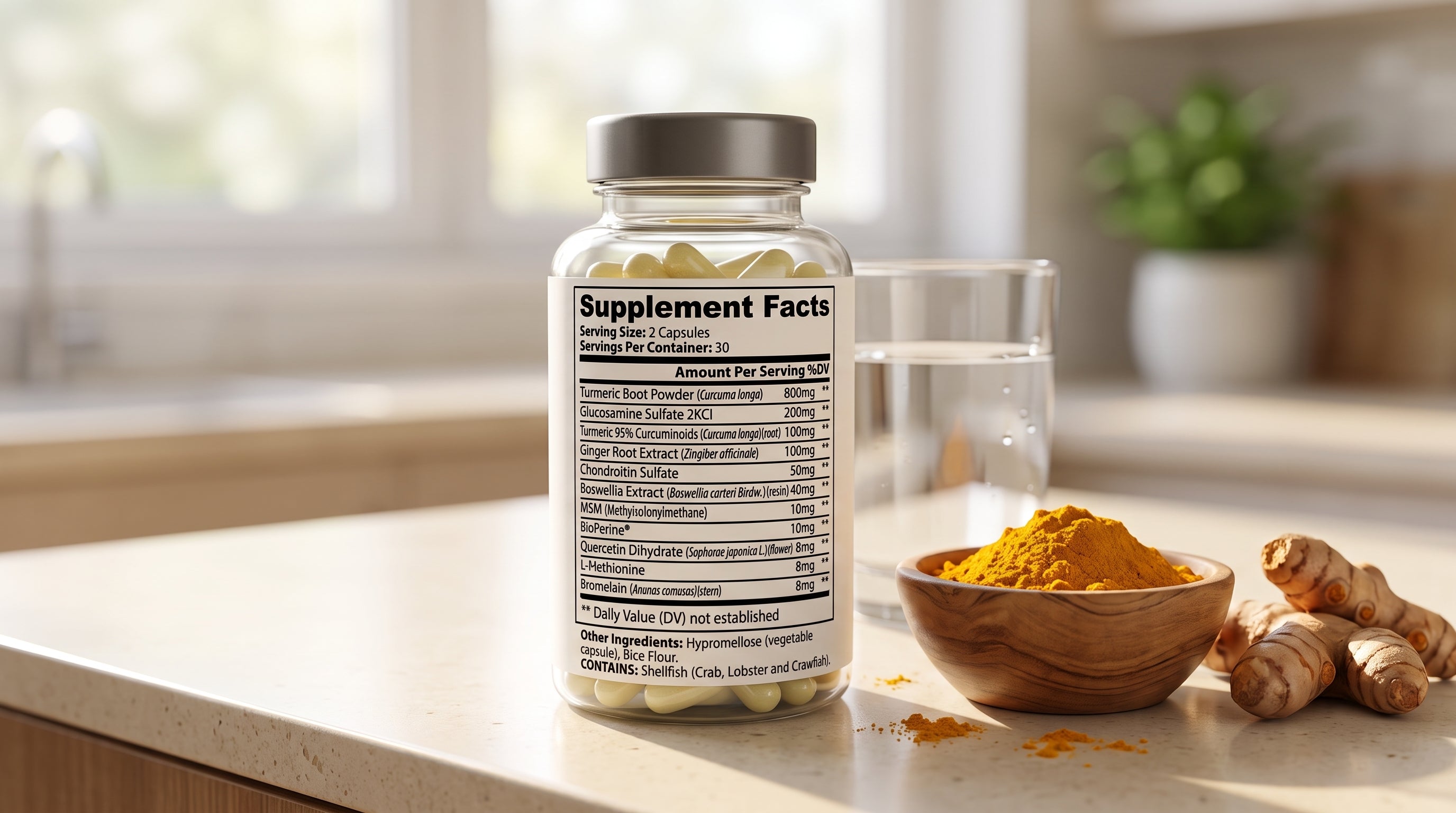 Attain Supplements Platinum Turmeric Capsules bottle on a kitchen counter beside fresh turmeric root and golden turmeric powder