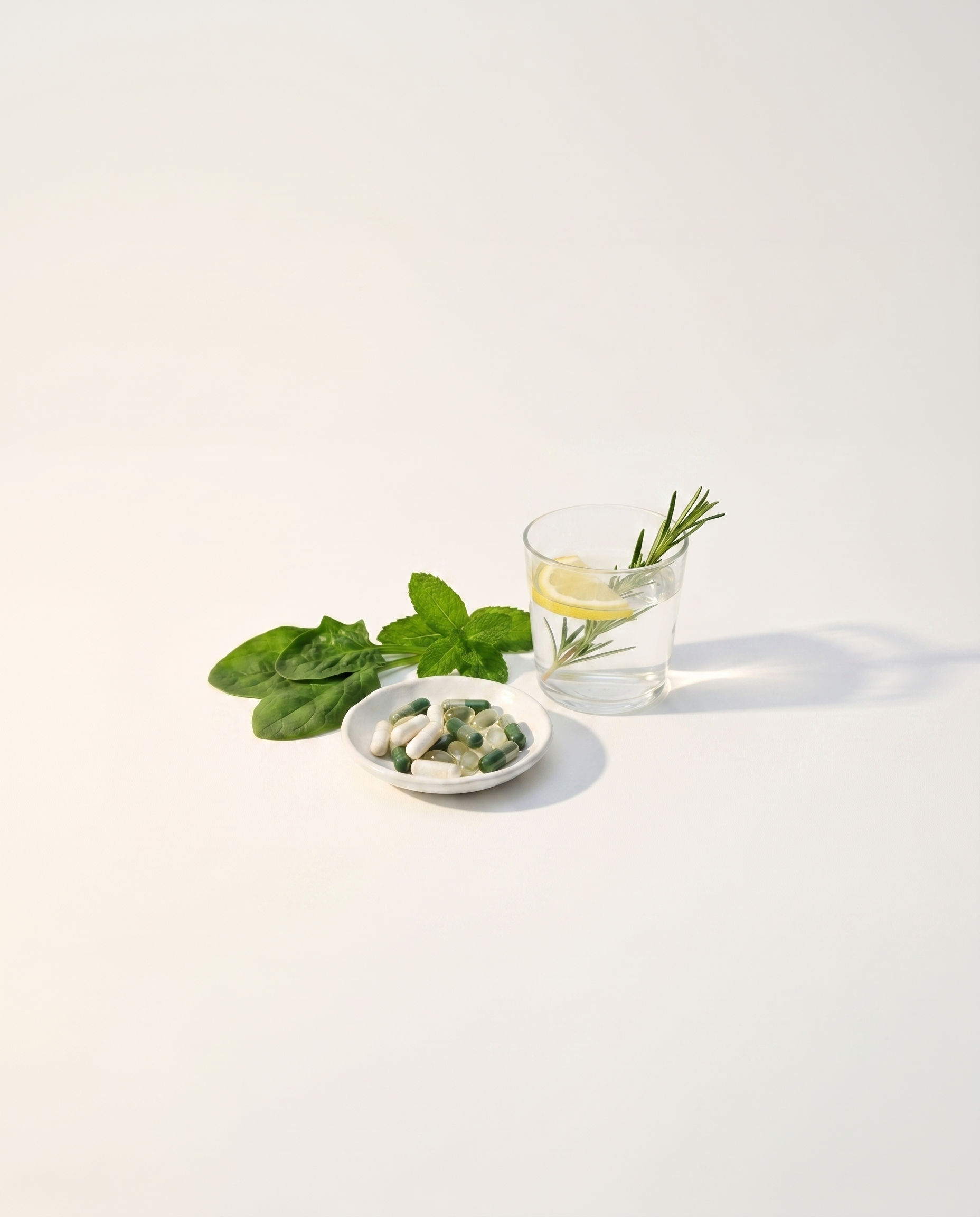 Attain Essentials — daily wellness capsules with fresh greens and citrus water