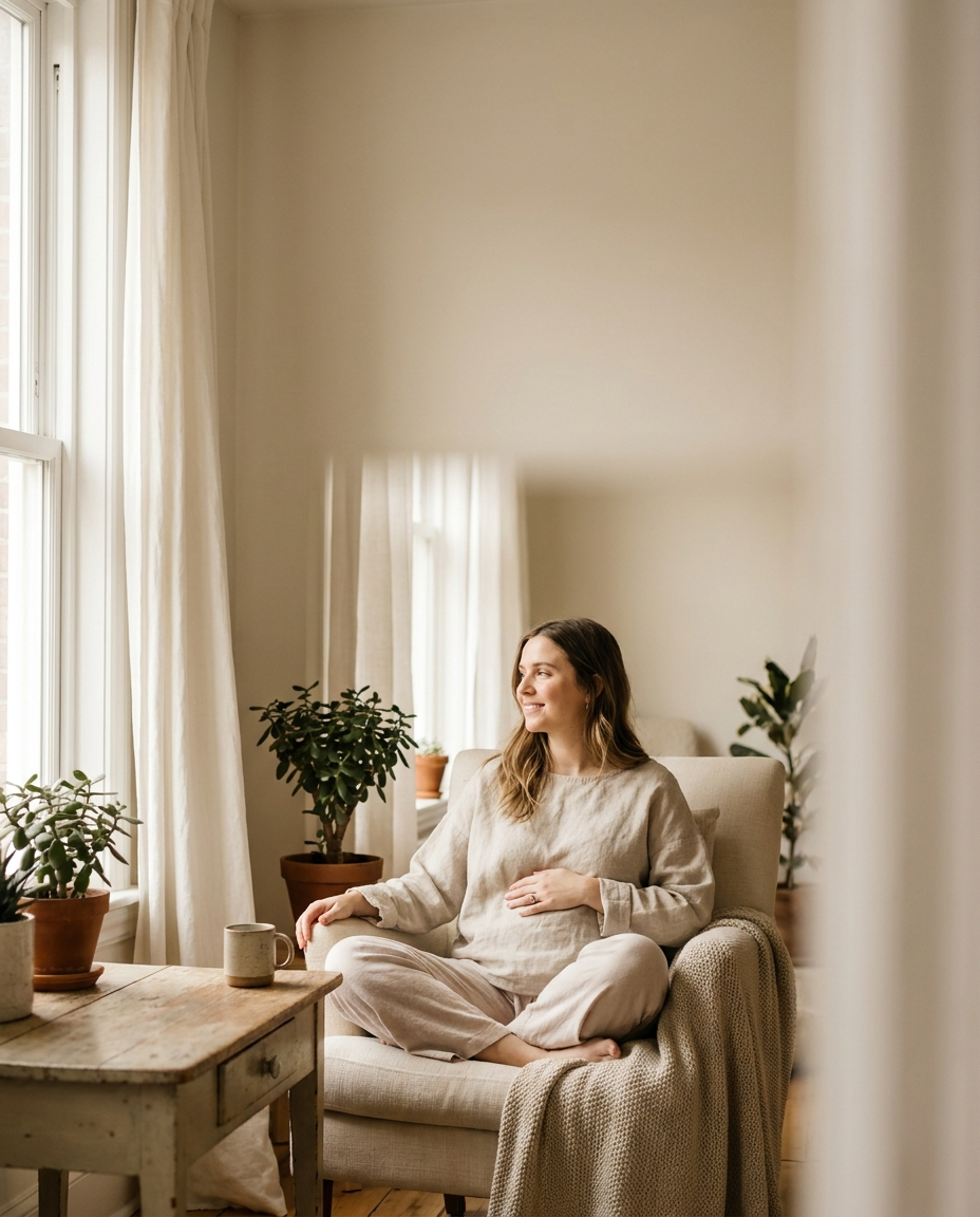 Gut & Digestion — a relaxed, healthy woman feeling light and comfortable at home