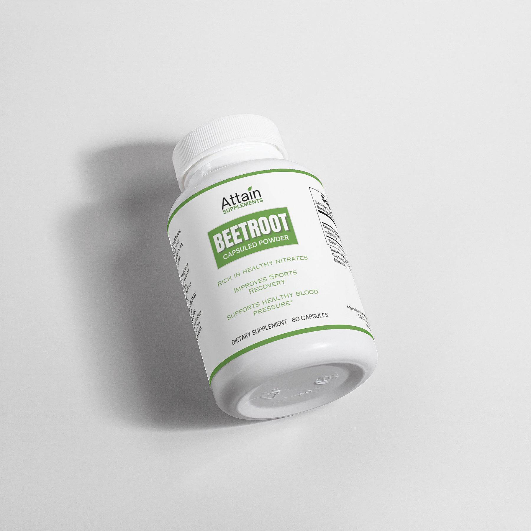 Beetroot Capsulated Powder in Bottle on side