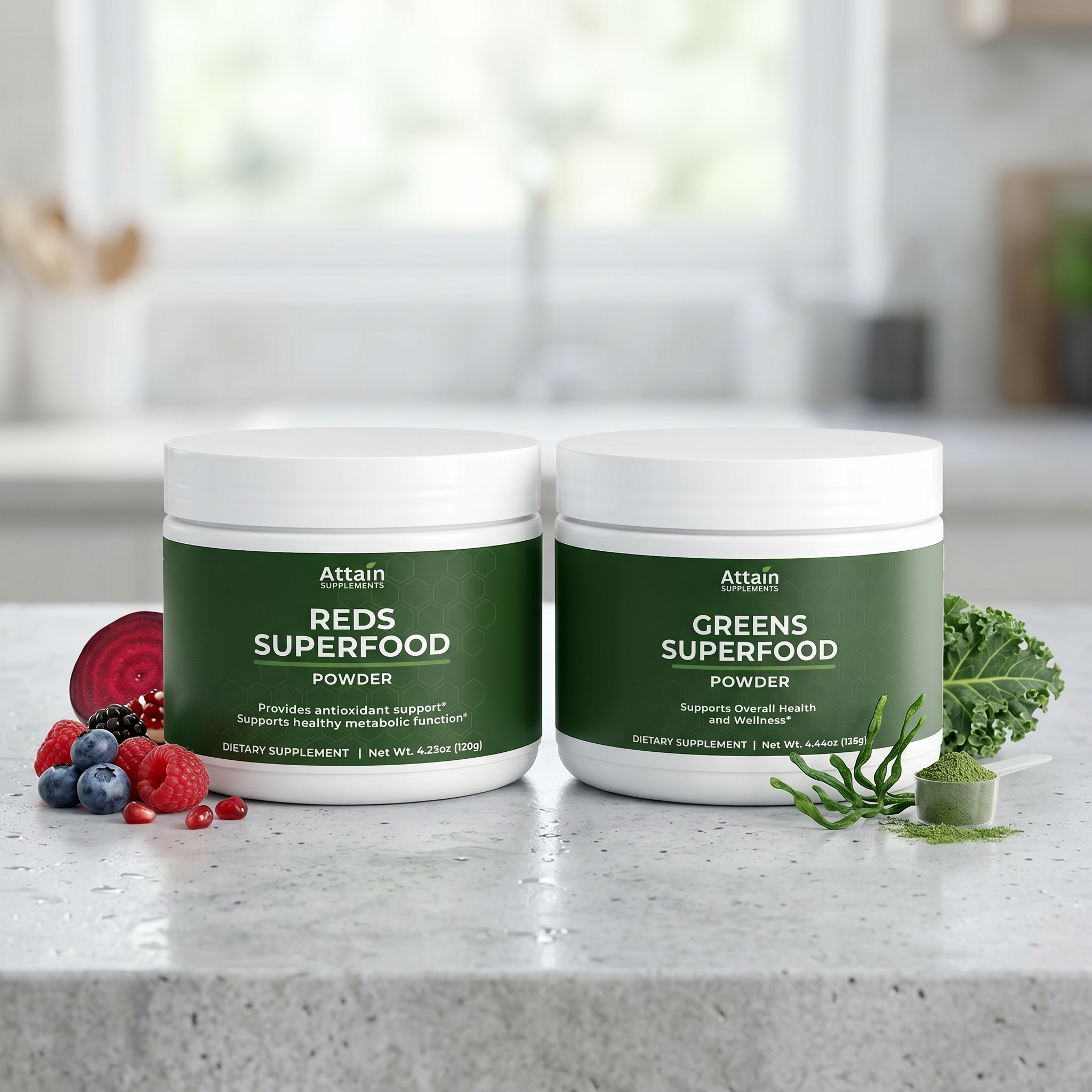 Attain Greens and Reds superfood powder set, both pouches