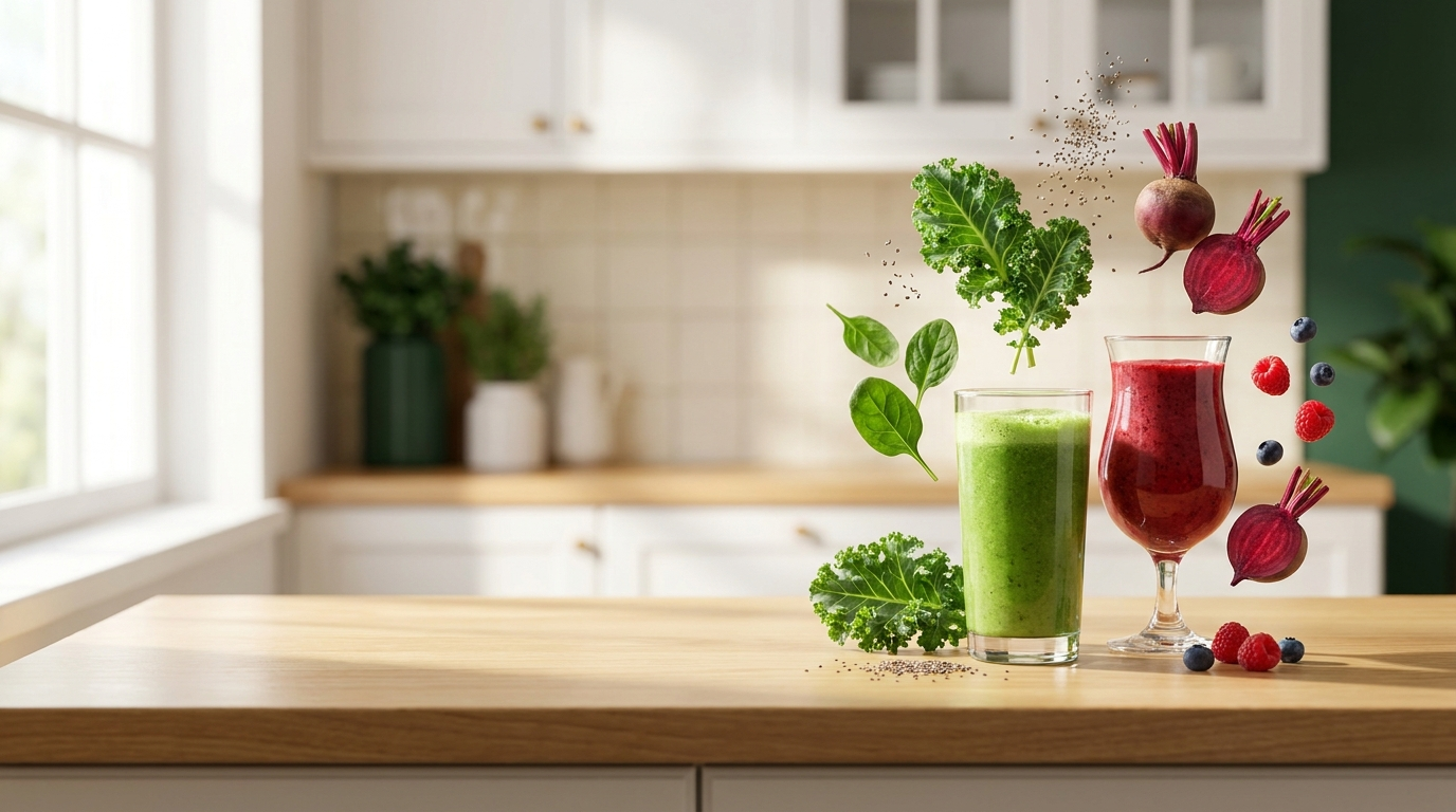 Green and red superfood smoothies surrounded by floating fresh ingredients