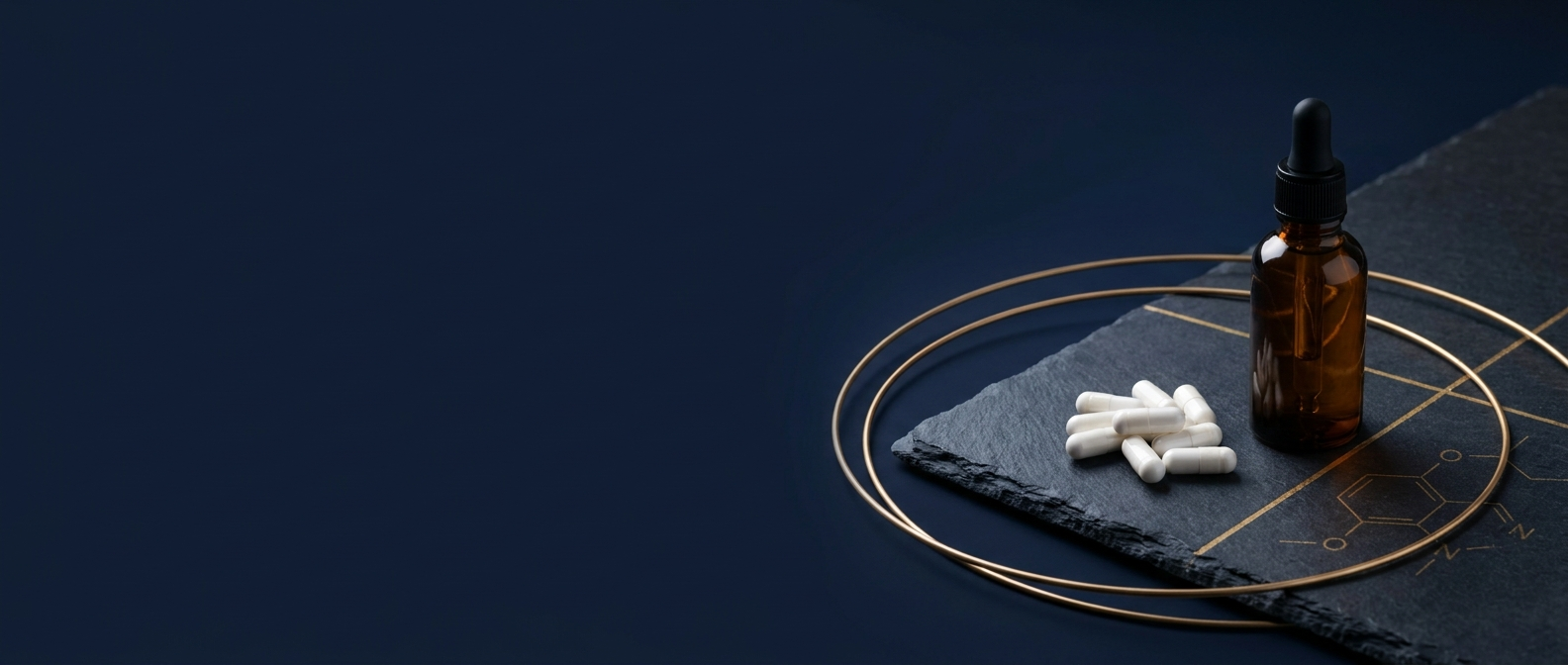 Attain Labs — navy and gold longevity still-life banner