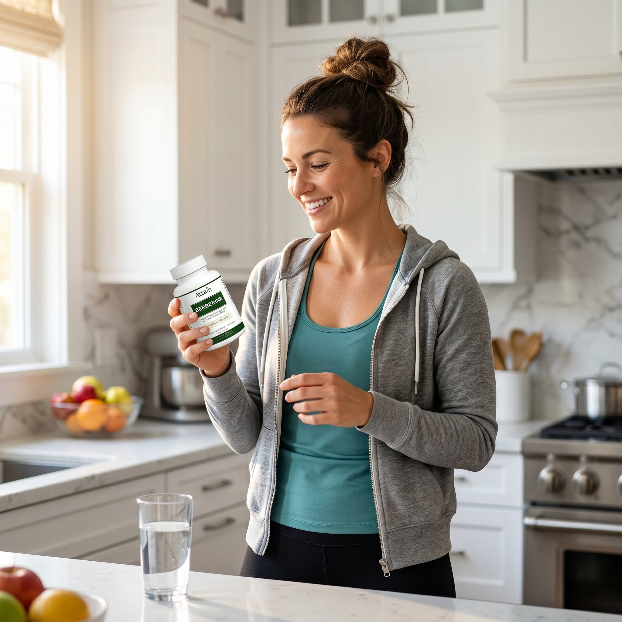 Woman holding Attain Berberine Capsules in a bright kitchen | Attain Supplements