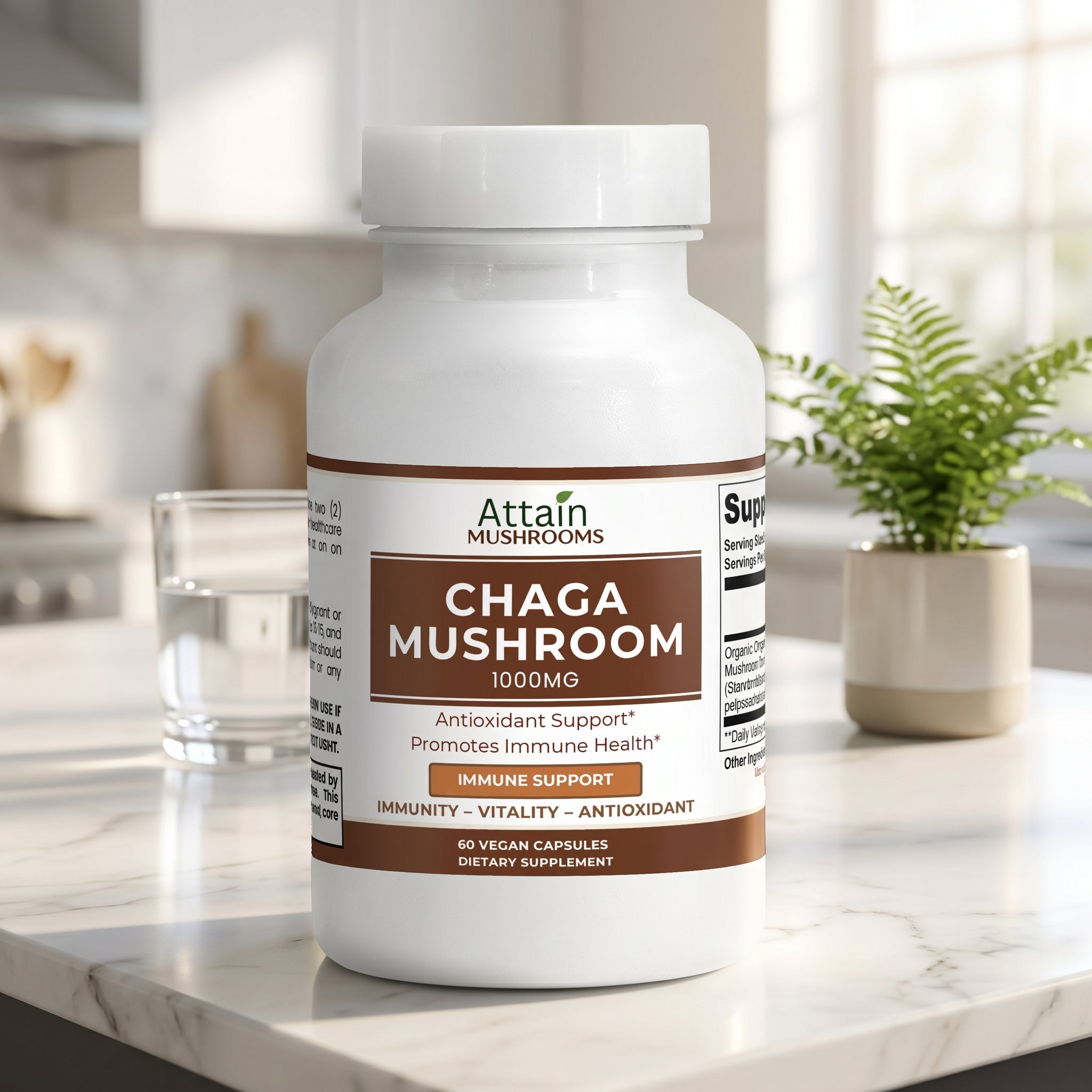Attain Chaga Mushroom on a bright kitchen counter | Attain Supplements