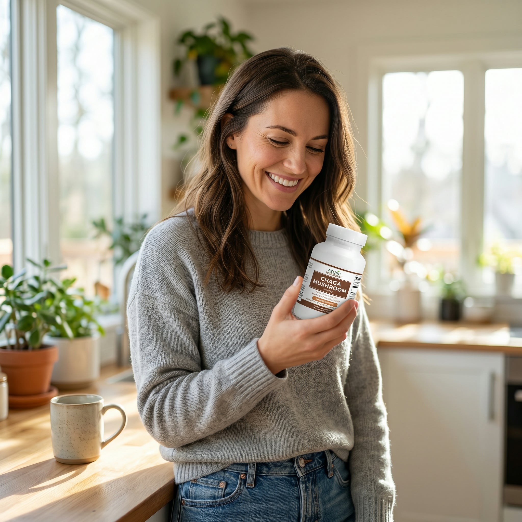 Person holding Attain Chaga Mushroom capsules in a kitchen | Attain Supplements