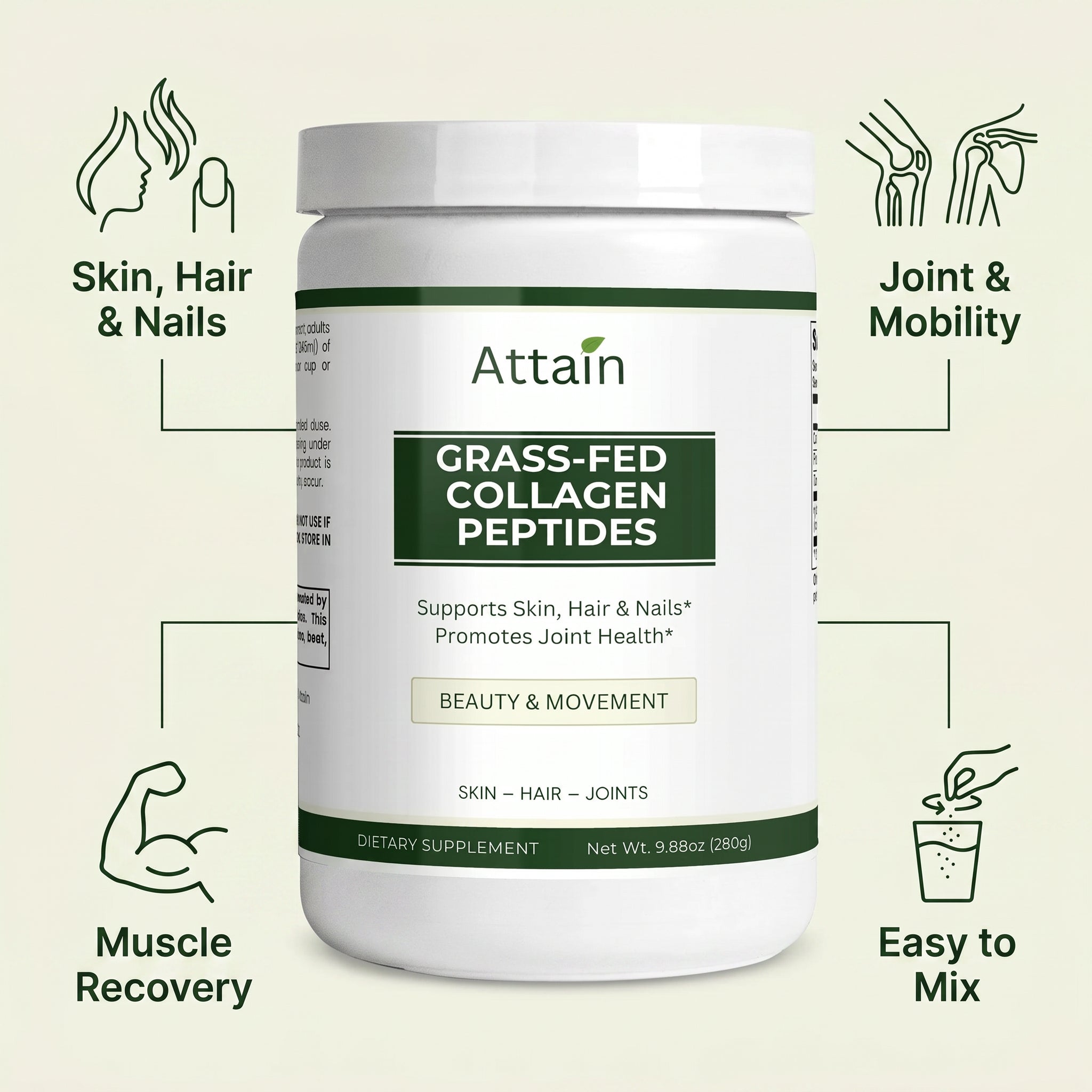 Attain Grass-Fed Collagen Peptides benefits: skin hair and nails, joint and mobility, muscle recovery, easy to mix | Attain Supplements