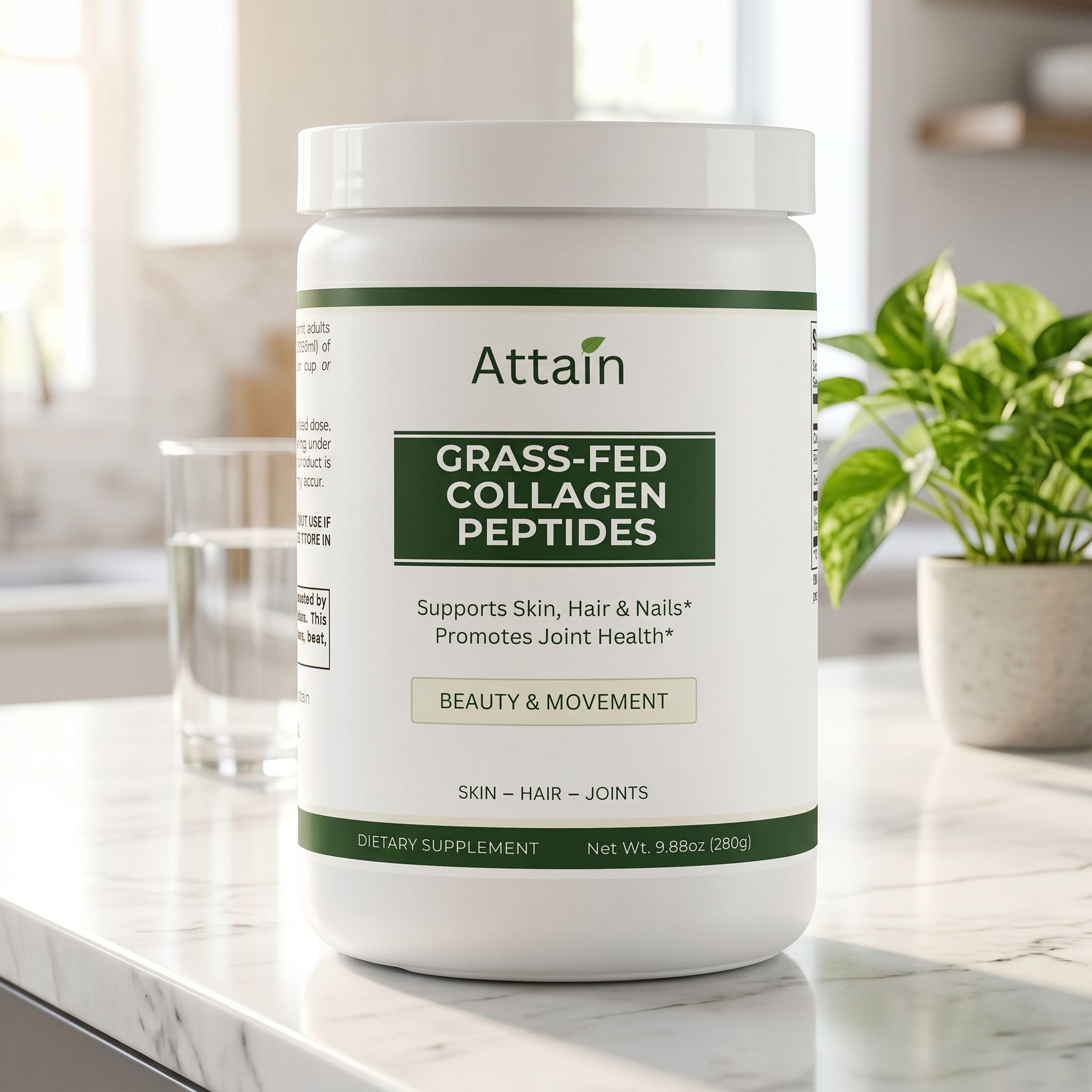 Attain Grass-Fed Collagen Peptides on a bright kitchen counter | Attain Supplements