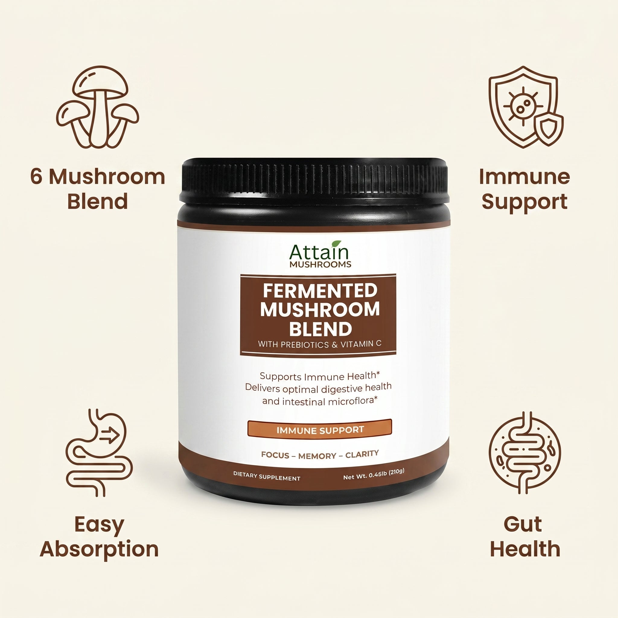 Attain Fermented Mushroom Blend benefits: 6 mushroom blend, immune support, easy absorption, gut health | Attain Supplements